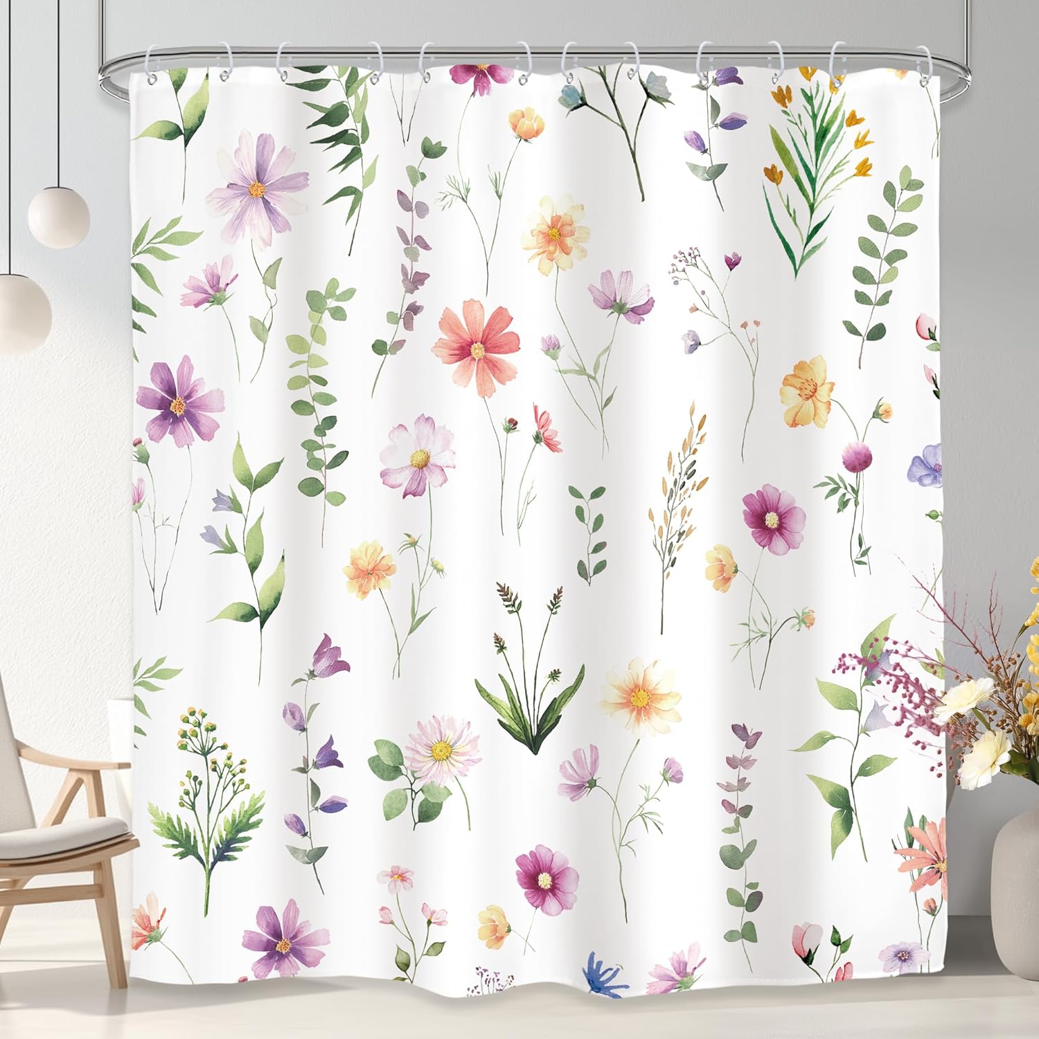 Glawry Boho Shower Curtain Long Cute Floral Flower Leaves Watercolor Plant Botanical Botanic Wildflower Girls Bathroom Bohemian 72Wx78H Inches Bath Accessories Art Home Decor Fabric 12 Pack Hook