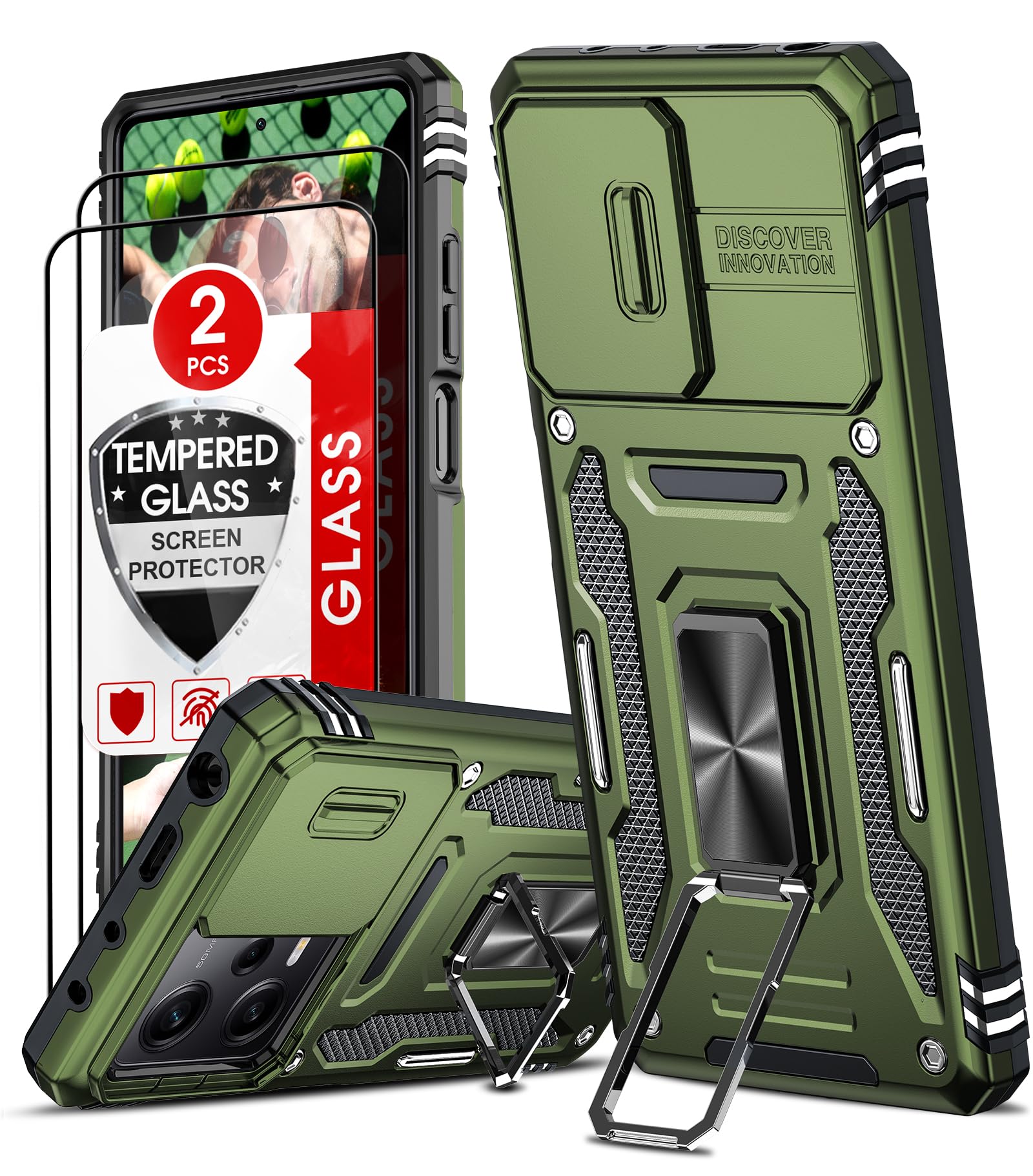 LeYi Cover per Cover Xiaomi Poco X5 5G/Redmi Note 12 5G con 2 x Pellicola Vetro Temperato, Custodia con Protezione Fotocamera [Slidable] Antiurto Grado Militare Anello TPU Bumper Custodie Case Nero