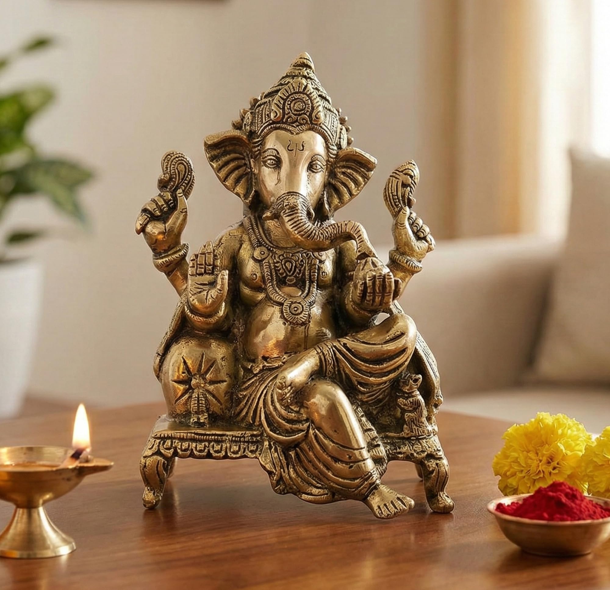 eSplanade Brass Chowki Ganesh Ganesha Ganpati Vinayak Showpiece | Murti Idol Statue Sculpture - 8.25" Inches