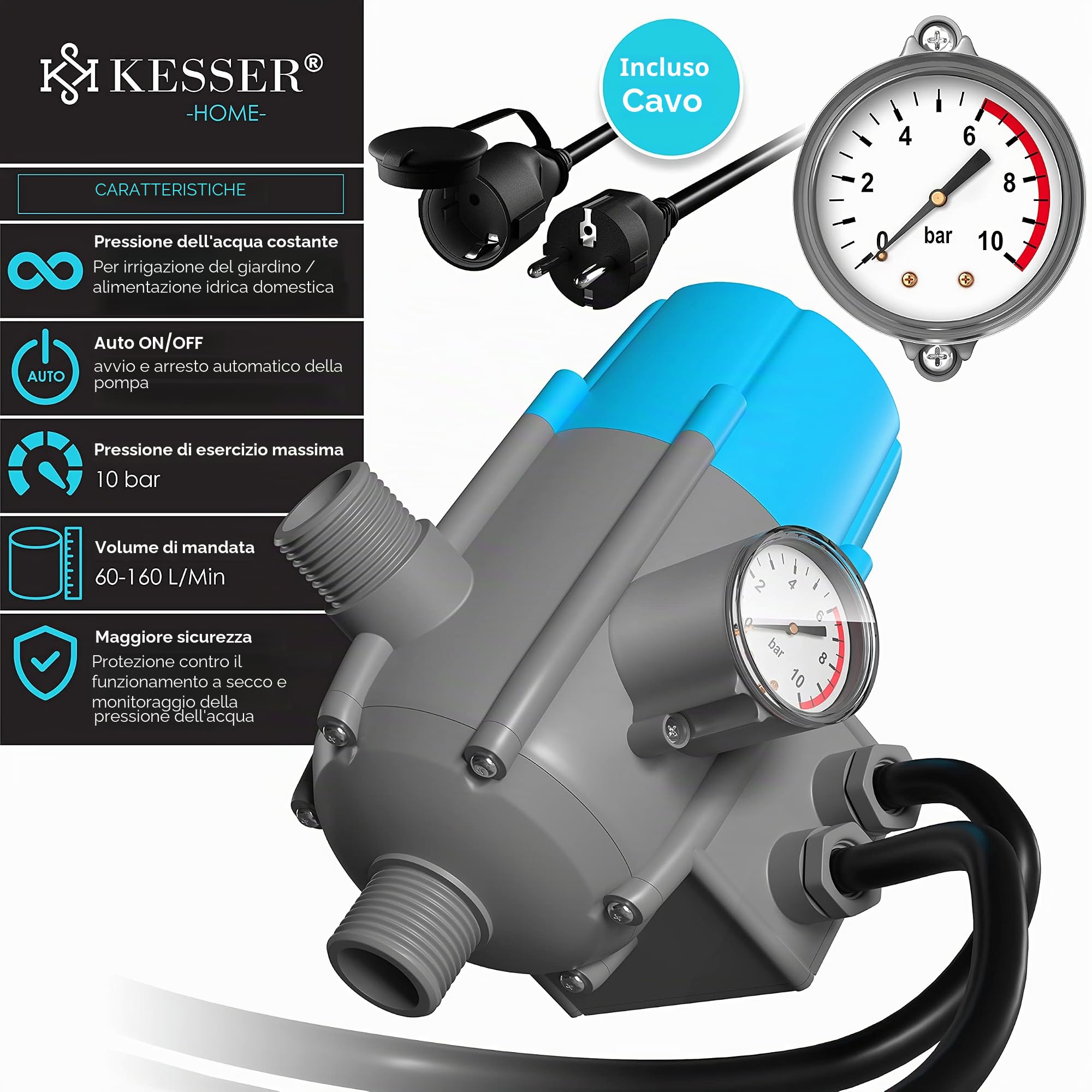 KESSER® Comando per pompa con indicatore di pressione (bar) e cavo Pressostato da 10 bar elettrico L'interruttore di pressione - accensione e spegnimento automatici, con cavo