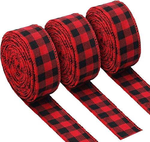 3 rollos de cinta tejida de arpillera a cuadros de búfalo con lazos con borde con alambre, decoración artesanal para decoración de arco grande,