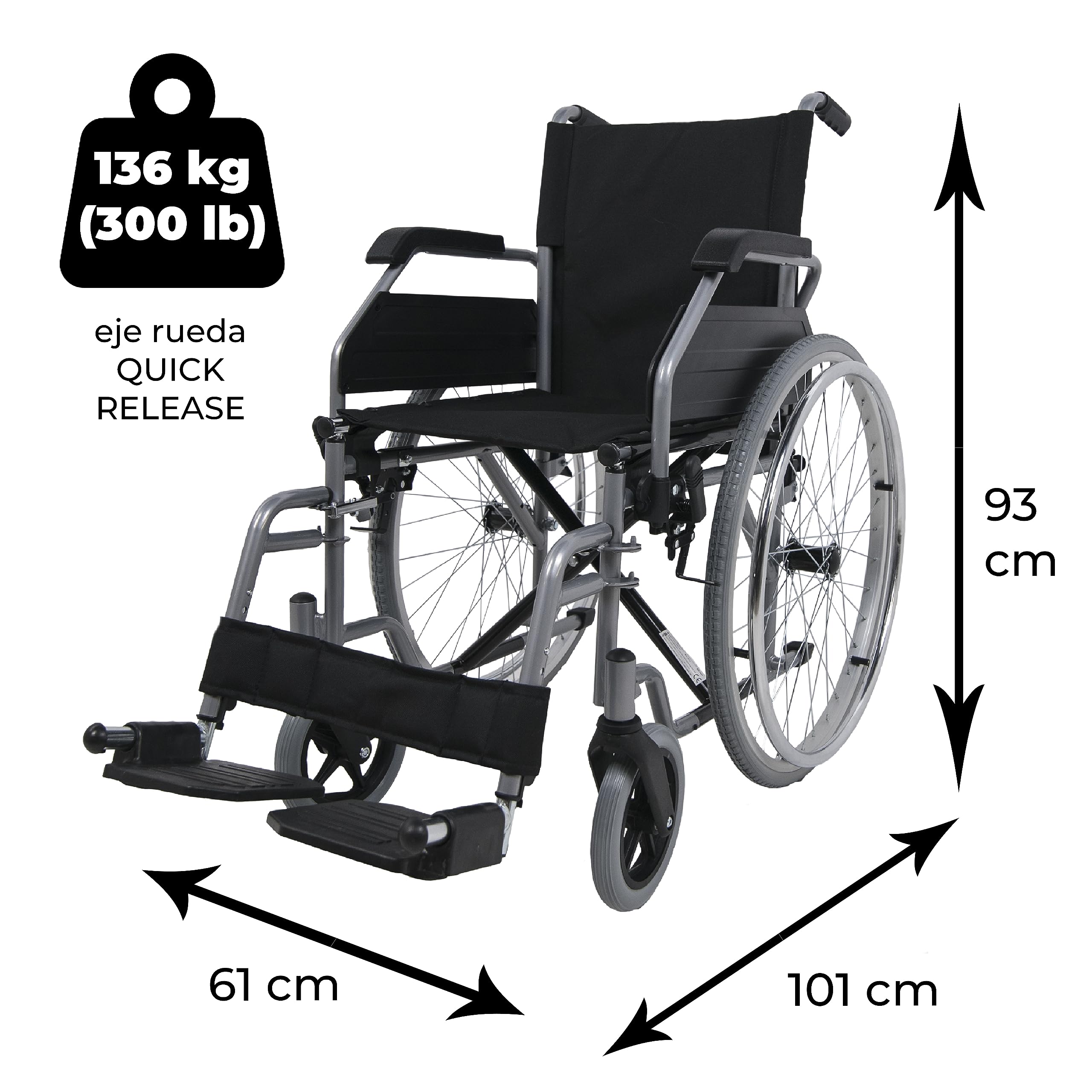 SANITEC - Silla de Ruedas de Acero Ligero para Minusválidos, Plegable, Resistente 136 Kg, Freno manual, Reposapiés y Reposabrazos abatibles y extraíbles. Ortopedia y Ayudas Técnicas