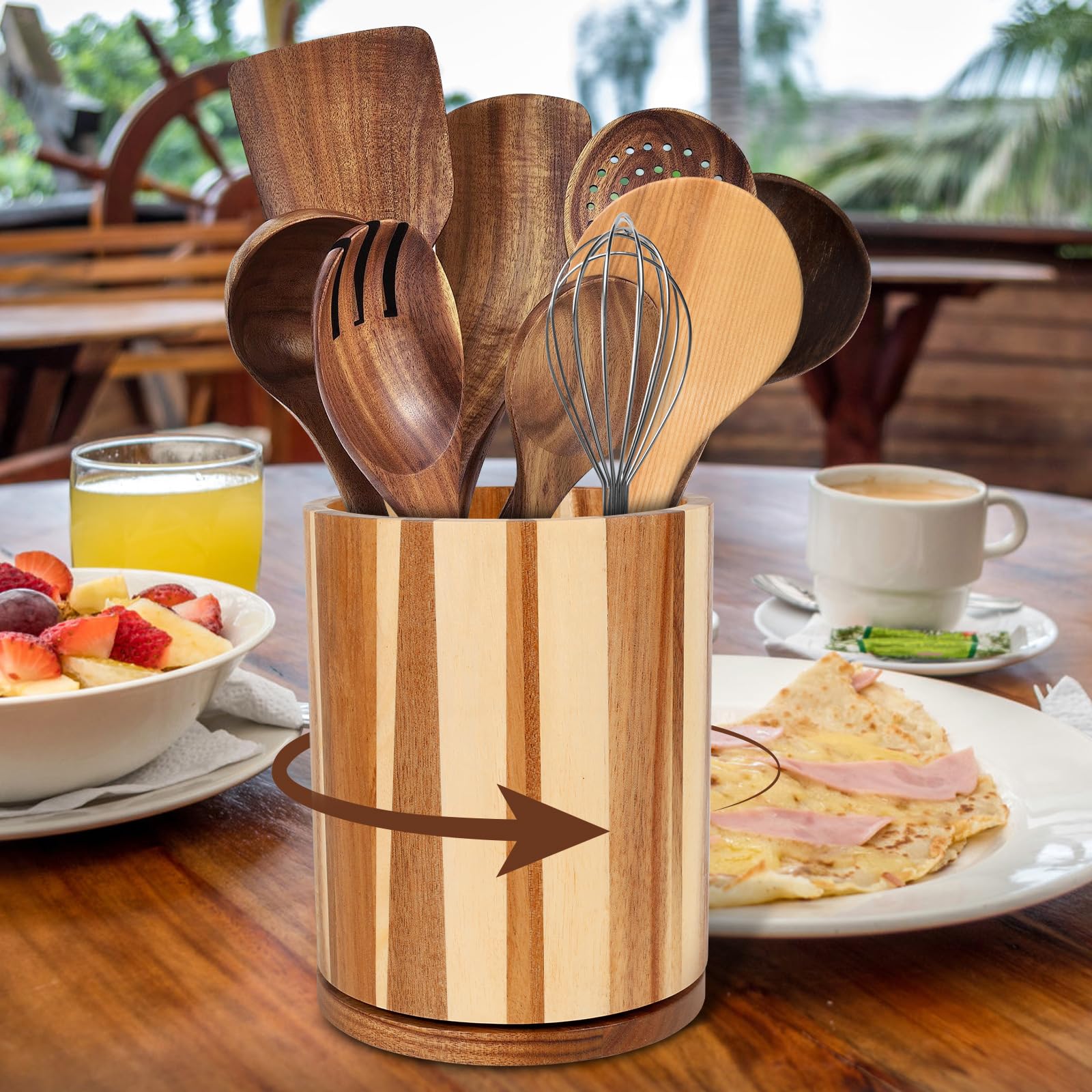 Soporte de madera giratorio de 360° para utensilios de cocina, resistente al agua, multiusos, para encimera, capacidad para 10-15 herramientas de cocina, ideal para decorar tu cocina