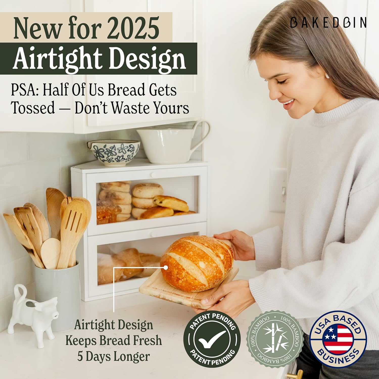 Corner Bread Box for Kitchen Countertop - New 2025 Airtight Design - Extra Large, Double Layer White Breadbox, Vintage Storage for Homemade Bread, Under Cabinet Organizer