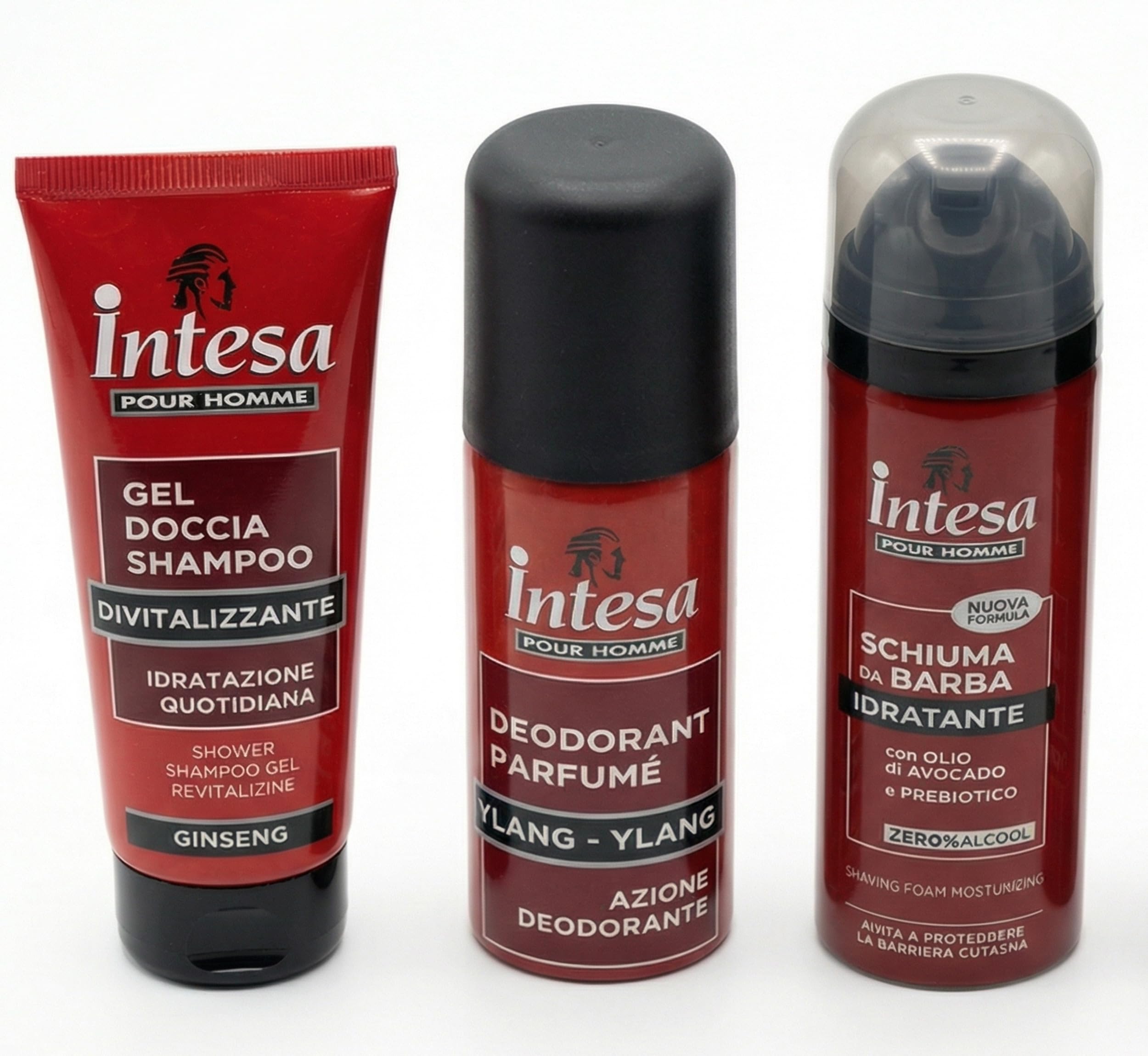 Set Viaggio Uomo 3 Pezzi Homme – Deodorante Ylang Ylang, Schiuma da Barba Olio di Avocado, Doccia Shampoo Ginseng 50 ml – Kit Uomo da Viaggio Bagaglio a Mano (1 kit)