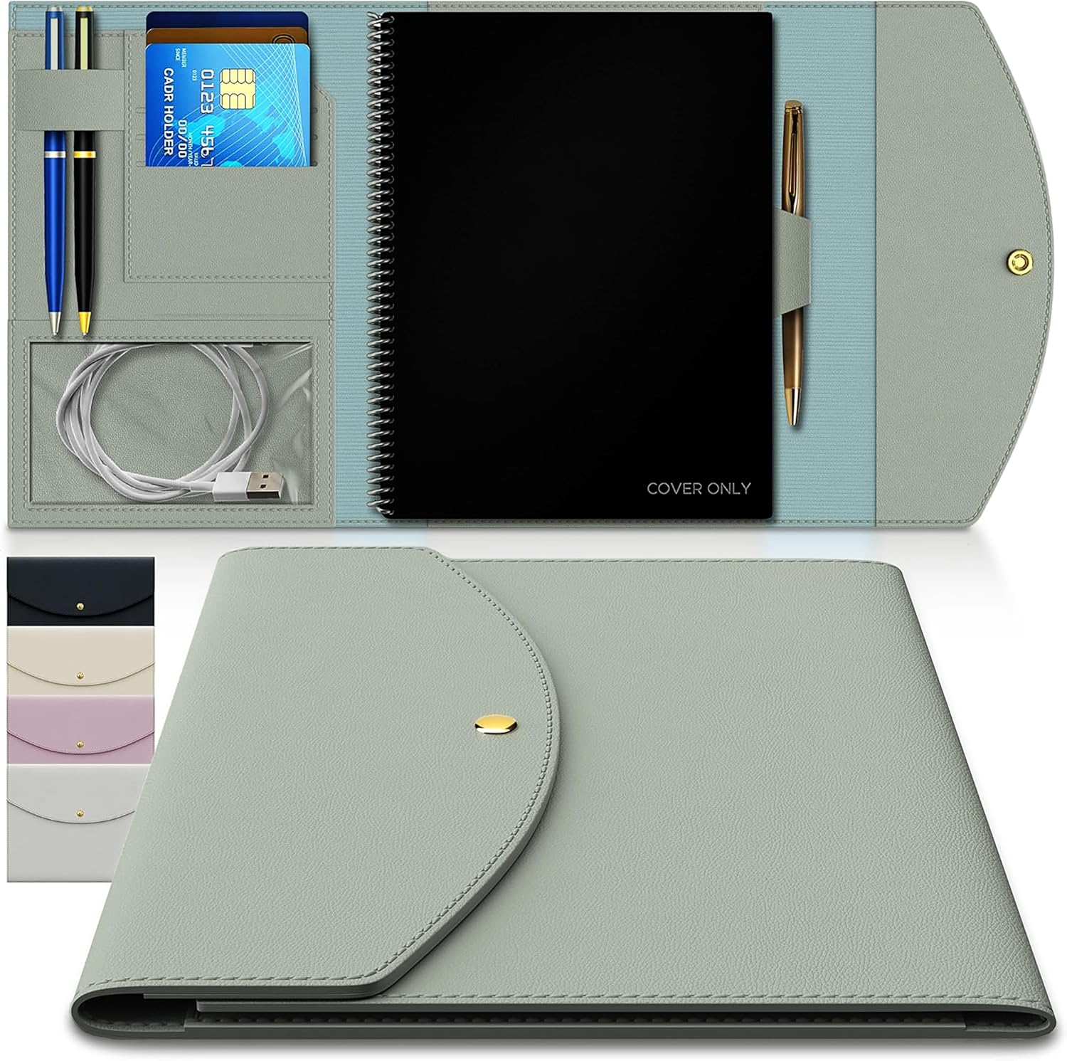 A4 Notebook Cover for Rocketbook, Planner & Journal – Slim Vegan Leather Folio with Pen Loop, Card Slots & Pockets – Fits Rocketbook Core, Panda, Fusion & Most 8.5" x 11" Notebooks
