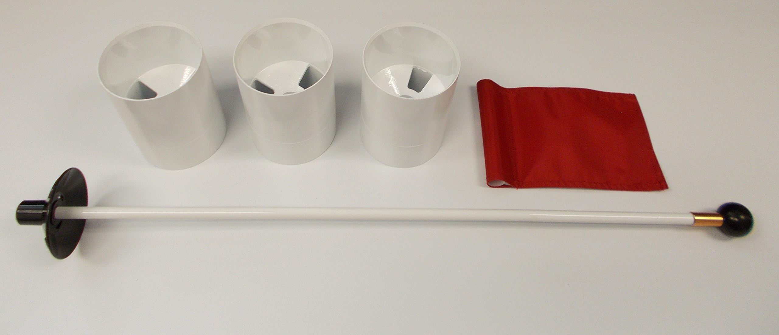ShopTJB Golf Practice Putting Green - Natural or Synthetic - Accessory Kit - (3) Aluminum 6" Deep Regulation Cups + (1) Red Jr Flag + (1) 30" Fiberglass Pin Marker with Ball Lifter Disk