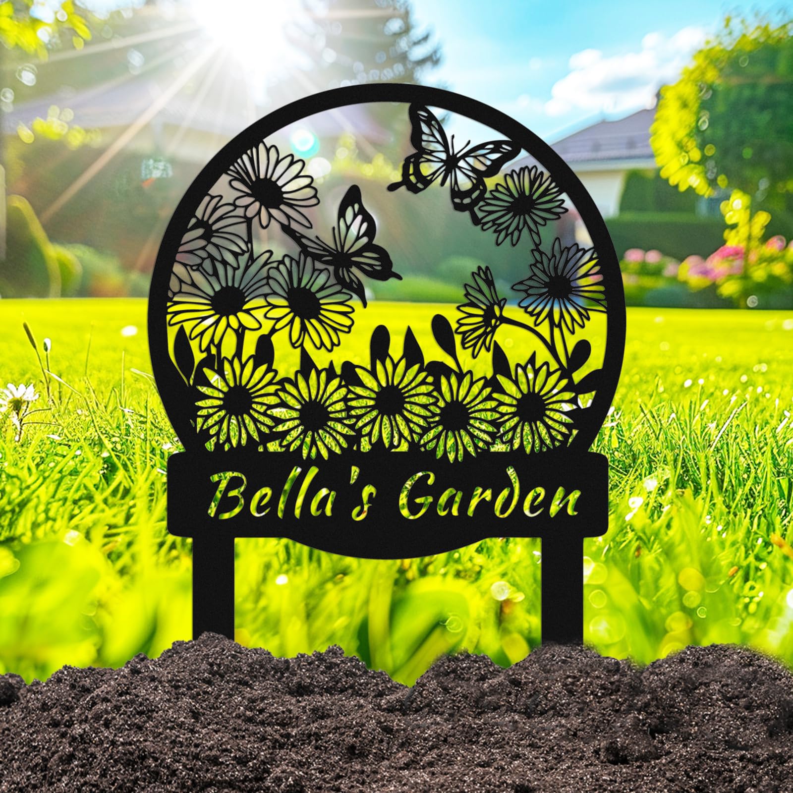 Personalized Butterfly Daisy Flowers Garden Decor Name Sign, Custom Butterflies Garden Stake Metal Sign, Customized Flowers Metal Art Outdoor Yard Plaque with Stakes