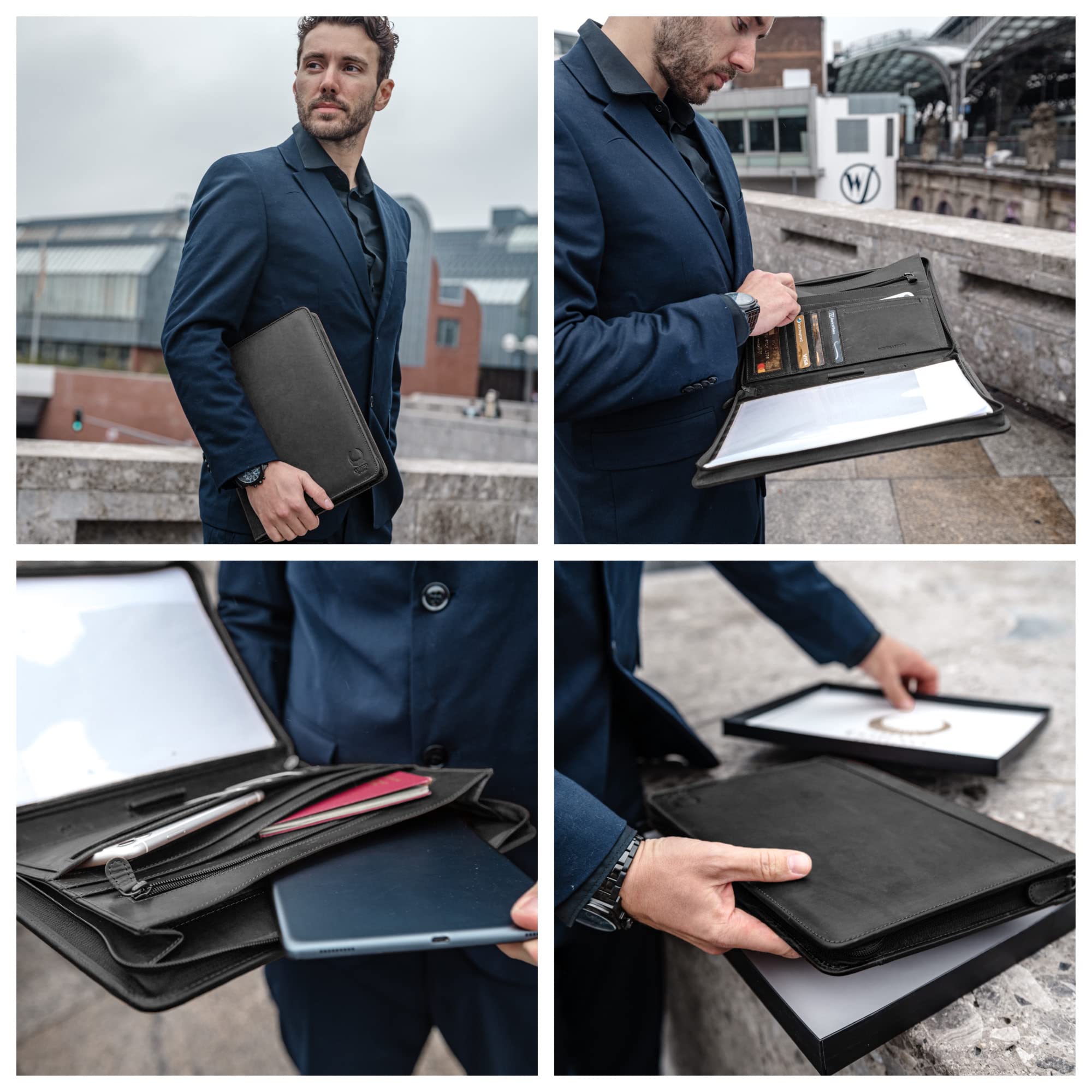Corno d´Oro Schreibmappe A4 12 Zoll Fach für iPad Tablet I RFID Konferenzmappe Leder mit Reißverschluss I Business Aktenmappe Damen Herren schwarz