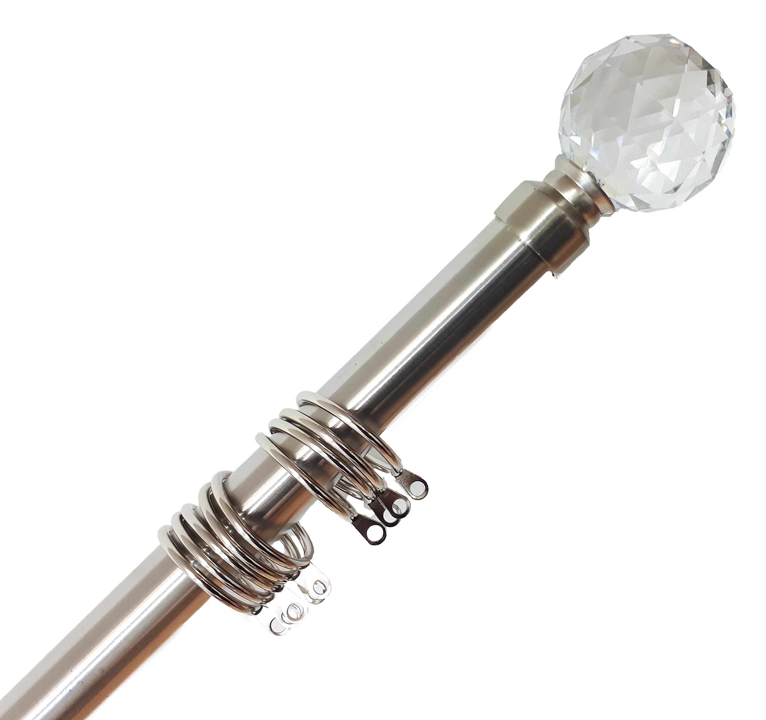 Home Harmony® Crystal Ball Finial Telescopic Extendable Curtain Pole set In Black or Silver and Matching Holdbacks Available (Silver, 120-210 cm)