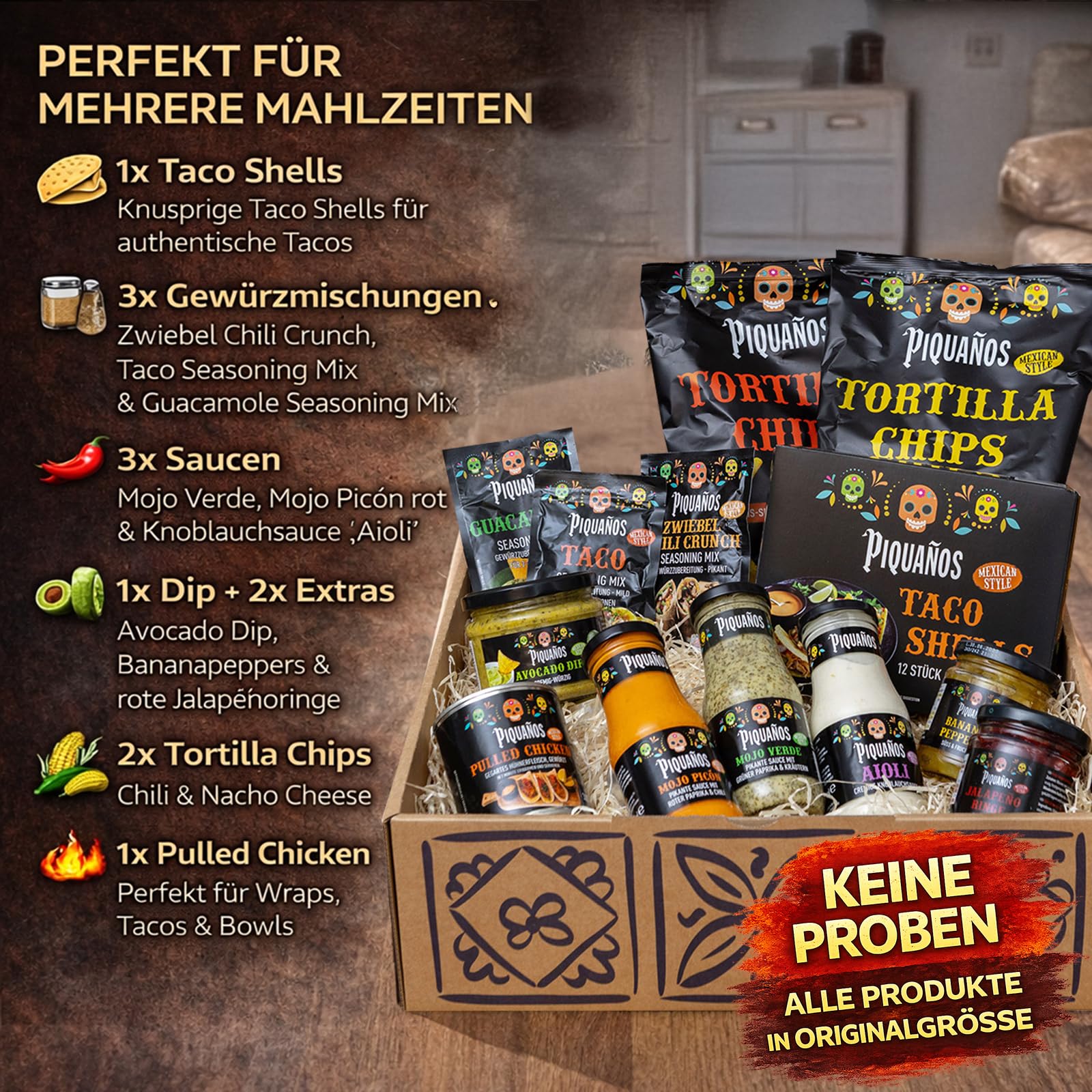 Piquaños Geschenkbox - Mexikanischer Geschenkkorb mit 13 Spezialitäten | Taco Box mit Saucen, Dips, Gewürzen & Chips | Geschenkset für Tacos, Nachos & mexikanische Küche - Mexiko Box