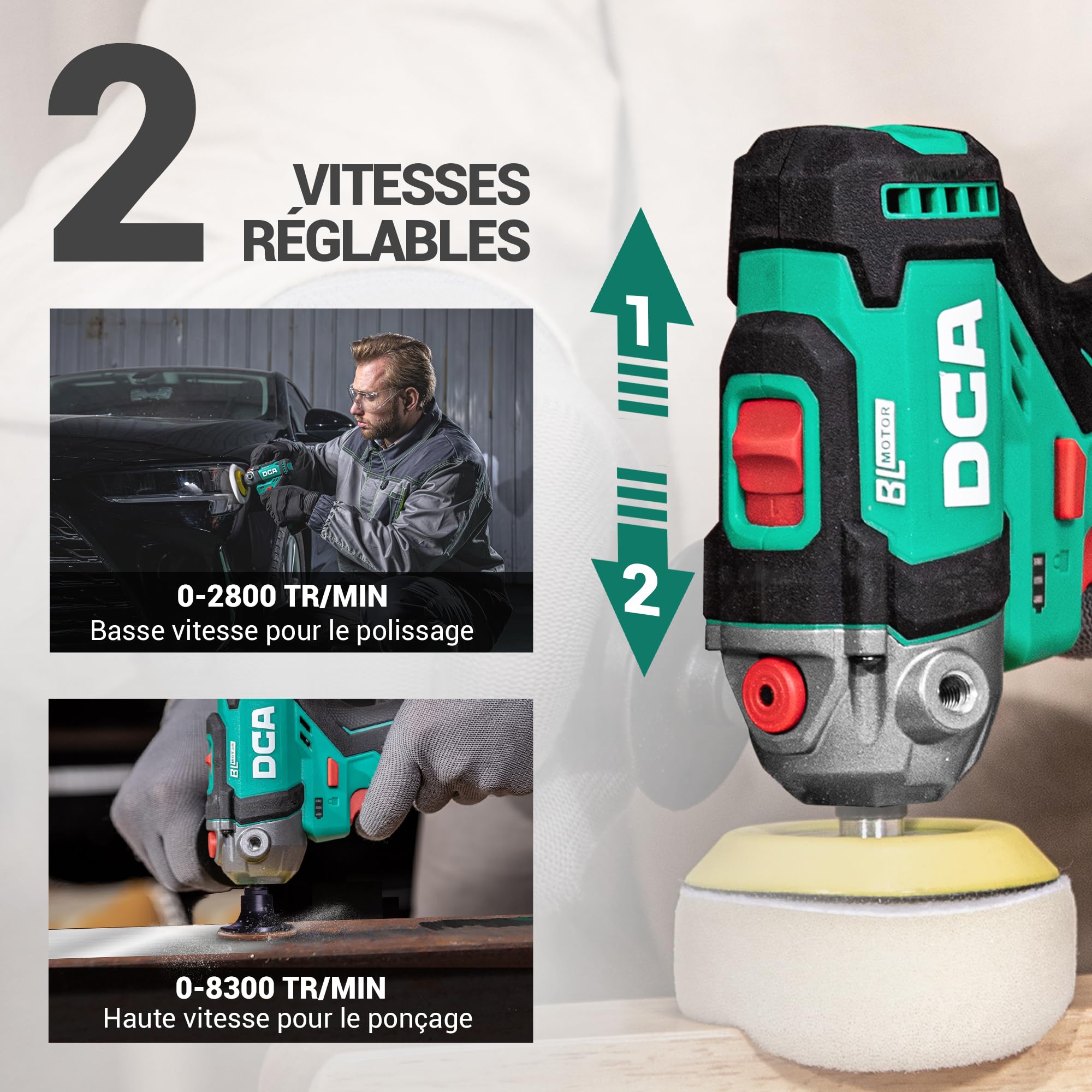 DCA Mini Polisseuse sans Fil 12V, 75mm Mini Polisseuse Voiture Sans Balais et 50mm Ponceuse , 2 Batteries 2,0Ah, 2 Vitesses 2800-8300 tr/min pour Polissage/Lustrage/Ponçage/Cirage Automobile