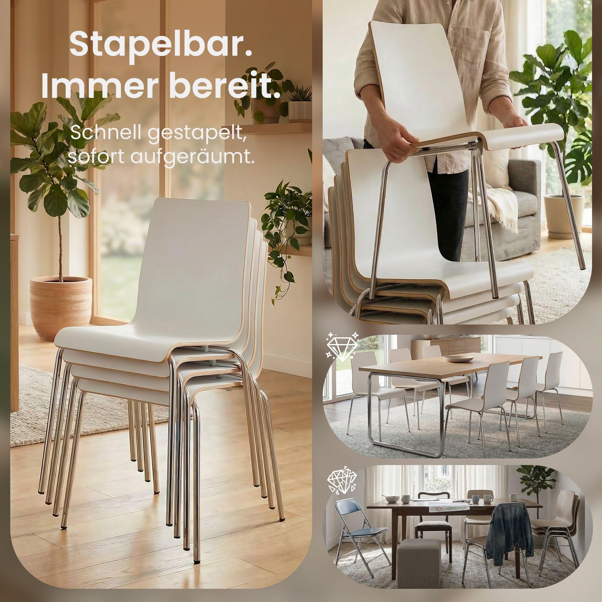 CLP Stuhl 4er Set stapelbar Gahanna, Stapelstühle aus Formholz mit HPL-Laminat, Stahlgestell verchromt belastbar bis 150 kg, Esszimmer und Büro, Farbe:weiß