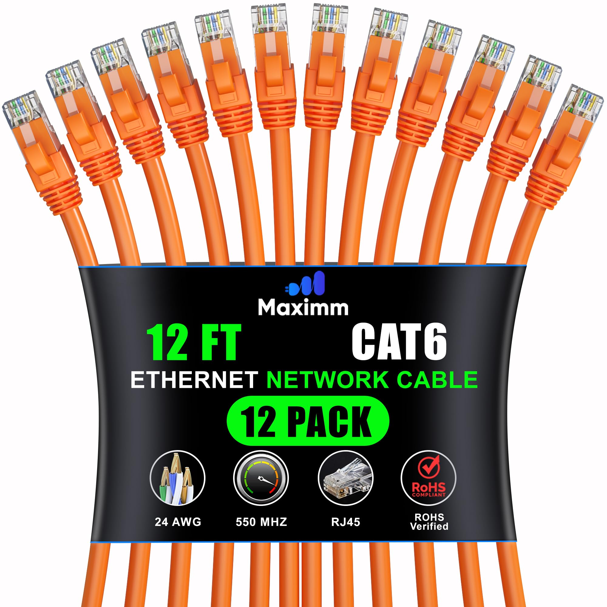 Maximm Cat 6 Ethernet Cable - 12 ft (12-Pack), High-Speed LAN, Internet, Patch, and Network Cable - UTP, 10Gbps, 550MHz Ethernet Cord - Orange