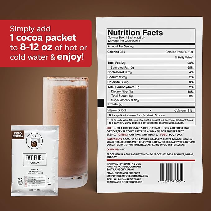 Fat Fuel Company - Instant Keto Cocoa, Made with Organic Cocoa Powder, Stir Cocoa Chocolate Powder in Hot Or Cold Water, Low Carb Cocoa Drink, 6 Servings