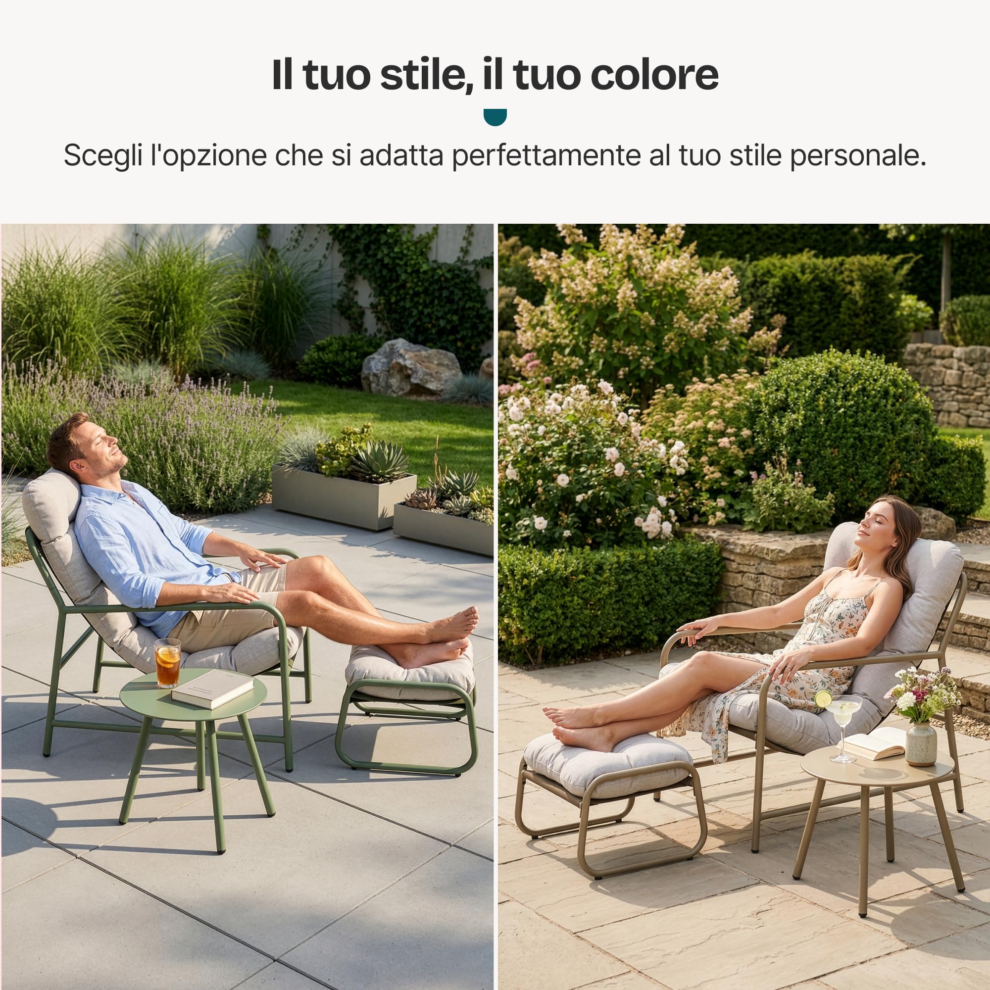 [en.casa] Set di 3 Mobili da Giardino Verde Chiaro/Grigio | Tavolino Rotondo, Poltrona e Poggiapiedi, Con Cuscini Imbottiti, per Balcone Terrazzo Veranda Outdoor, Telaio in Acciaio