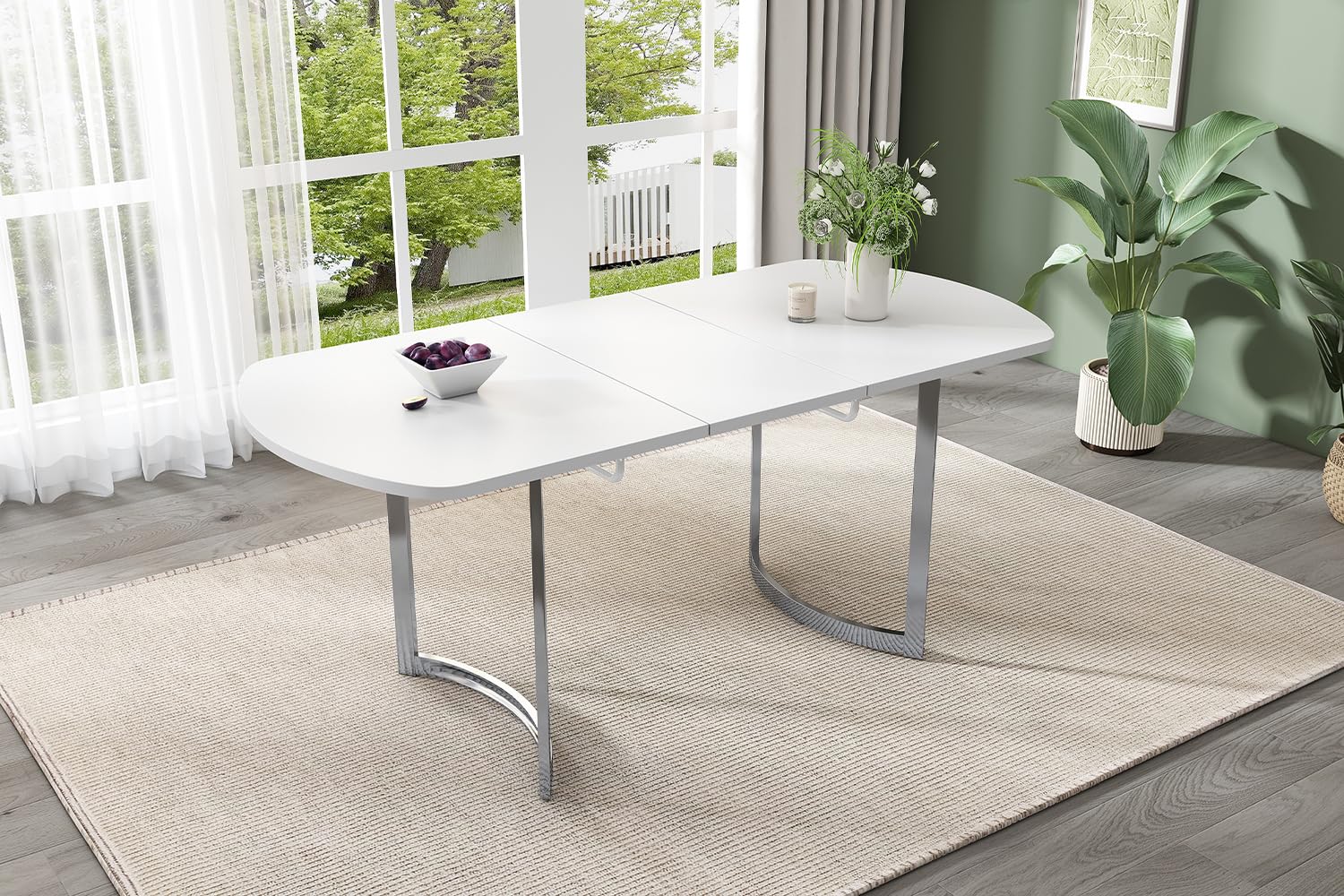Bladez Tavolo da pranzo allungabile, ovale, 140 – 180 cm, con gambe argentate, moderno ed elegante, per 6 – 8 persone, piano in MDF (bianco + argentato)