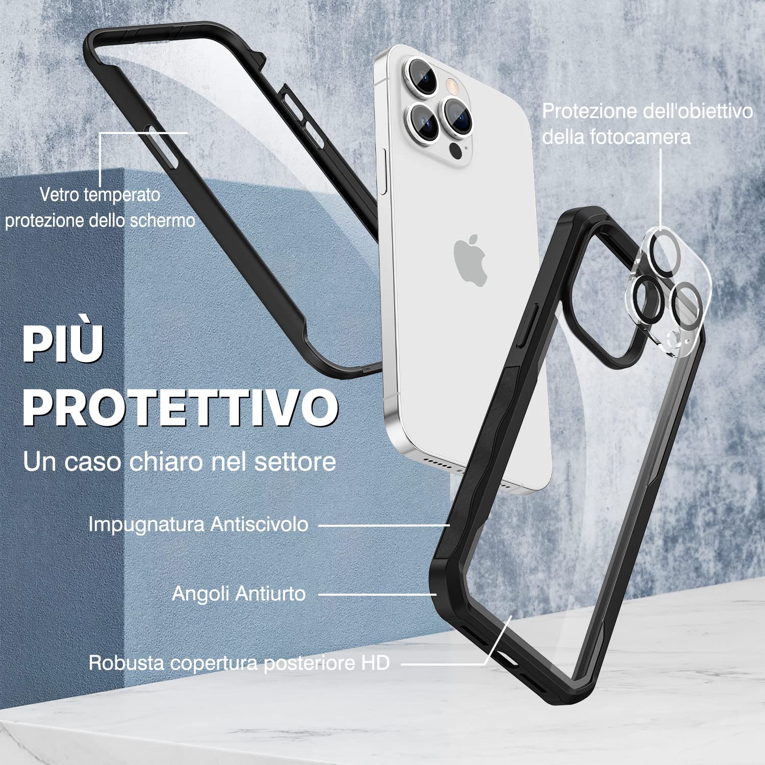 CENHUFO Cover iPhone 14 Pro Max, con Protezione Schermo Vetro Temperato Integrata e Pellicola Fotocamera [9H HD] 360 Gradi Antiurto Fronte Retro Doppia Faccia Custodia per iPhone 14 Pro Max - Nero