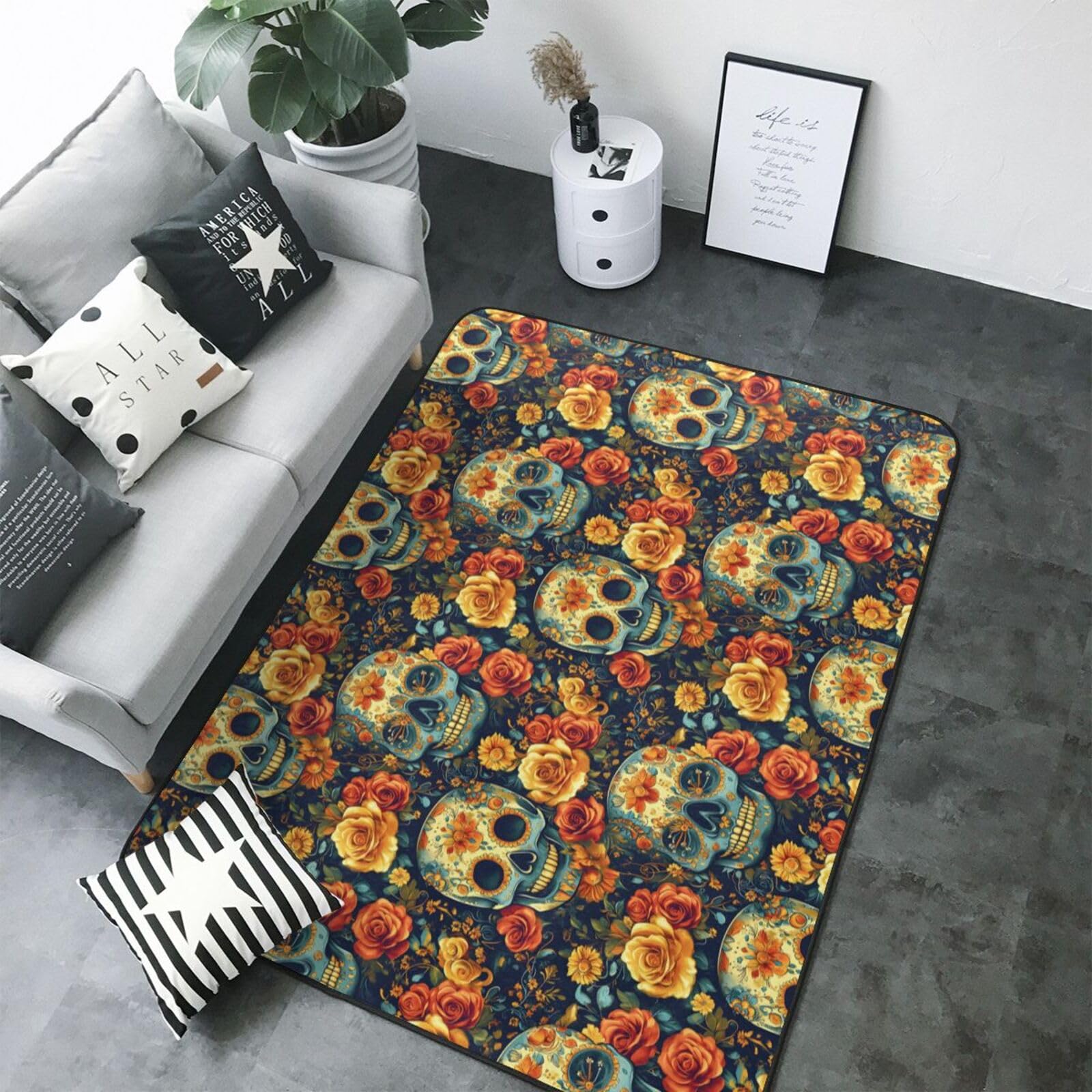Tapis de salon jaune 203x147 cm doux et antidérapant motif de mort