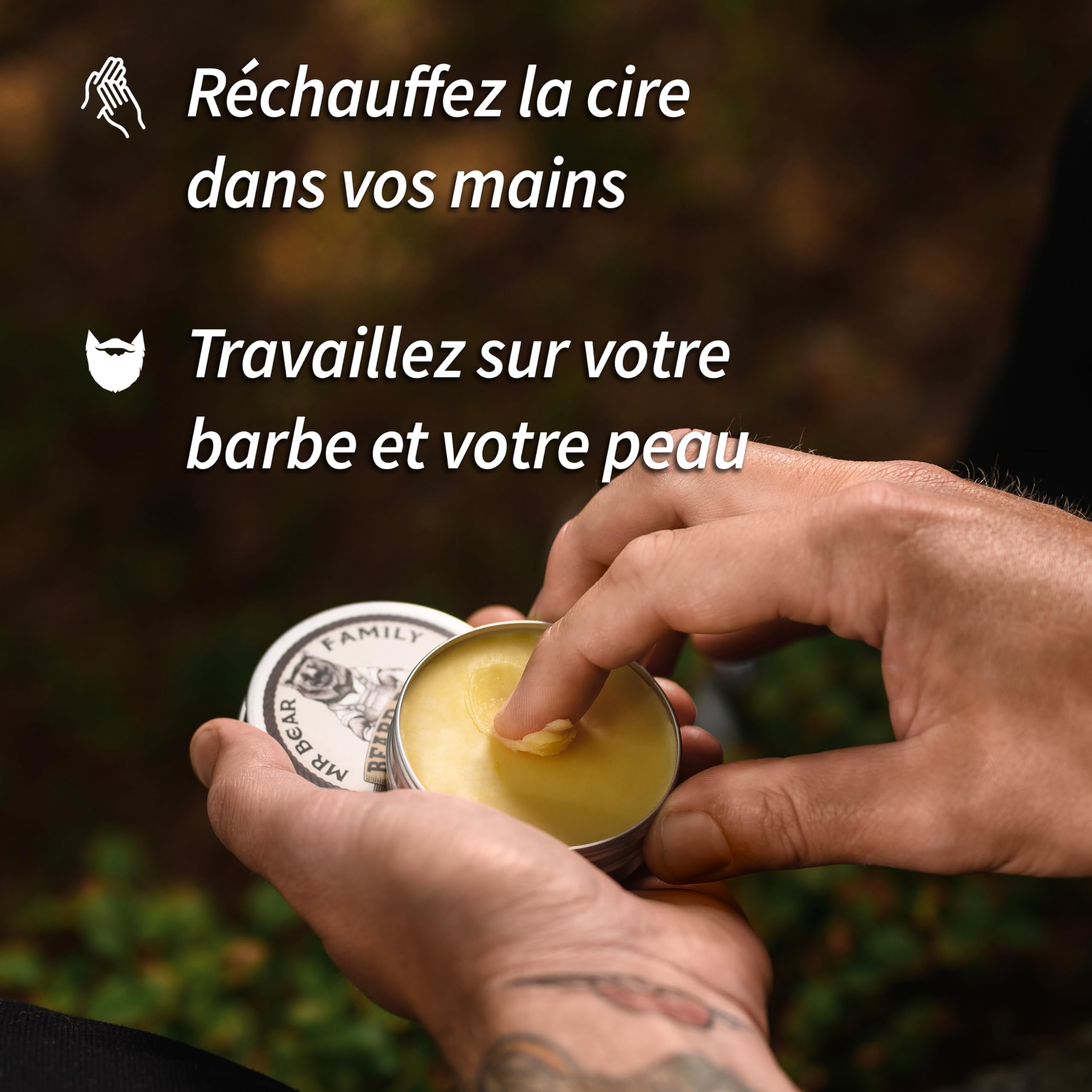Mr Bear Family Cire Barbe Hommes - Boisé - Baume Barbe - Produit barbe homme au Beurre de Karité, Huile de Jojoba et Cire d'Abeille - Moustache & Barbe Styling complet - Entretien barbe homme 60ml
