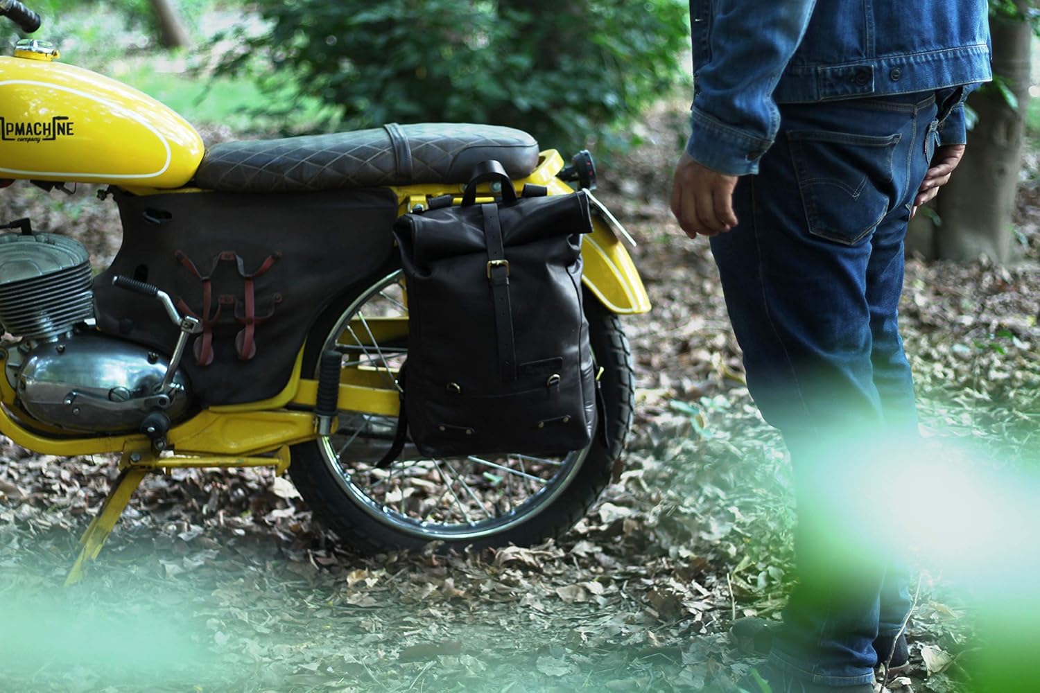 Trip Machine Company Full Grain Leather Roll Top Motorcycle Backpack Pannier – Quick Mount 15L Waterproof Laptop Bag (Black)