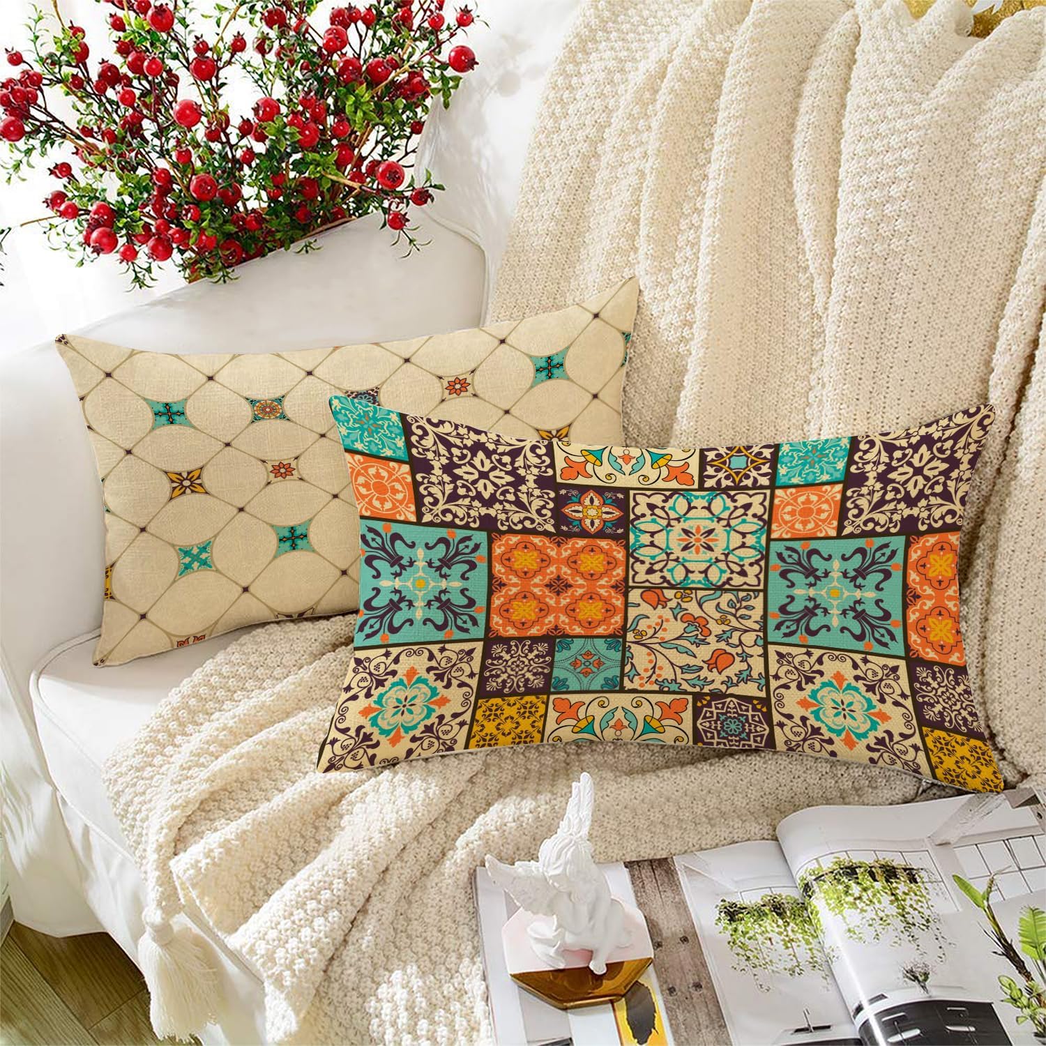 STITCHNEST Set of 2 Polycotton Cushion Covers – 12x18 Inches – Moroccan Tile Patchwork Print – Ethnic Decorative Cushion Covers for Sofa & Living Room | Perfect for Home Decor