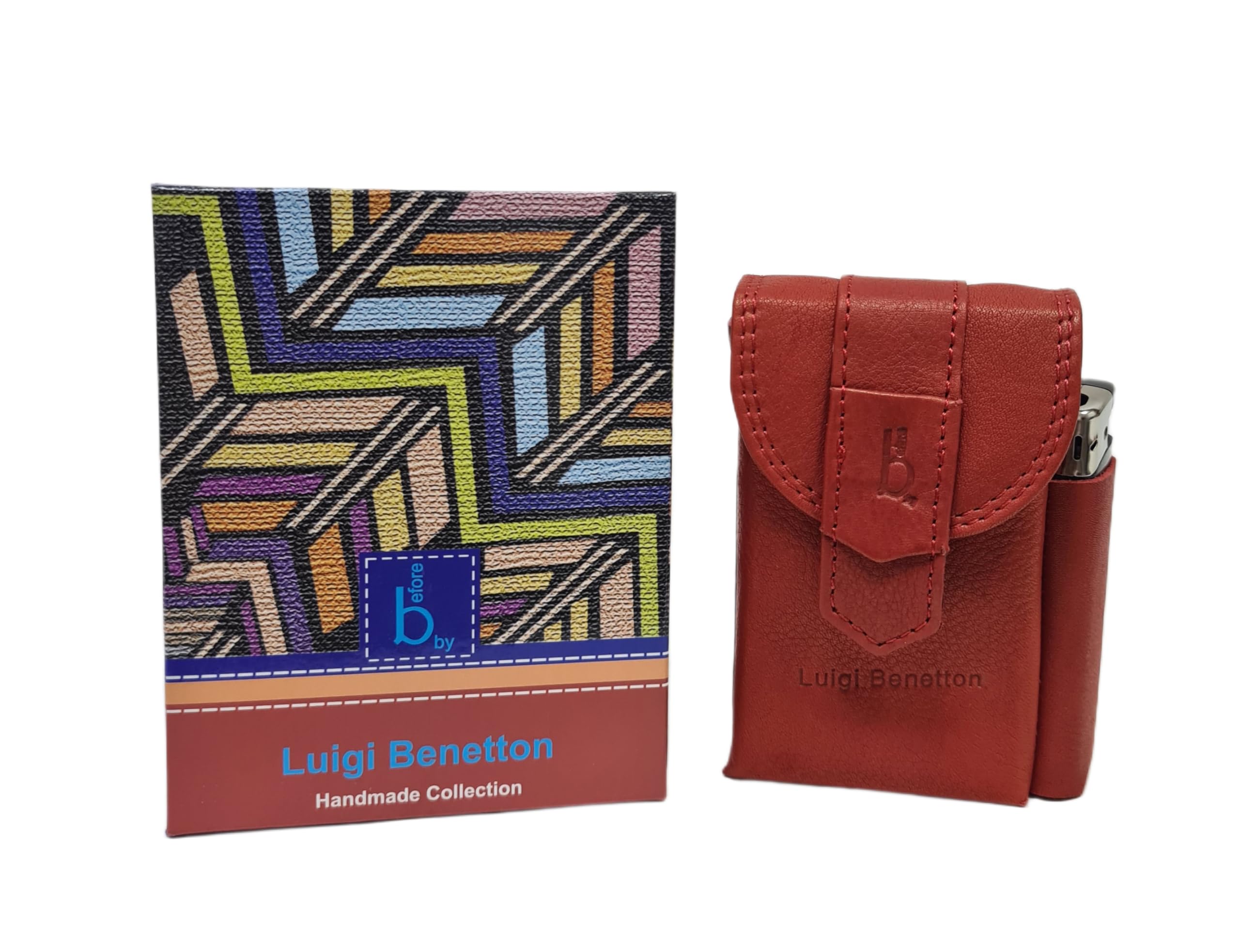 Luigi Benetton Pitillera de piel auténtica, doble botón, porta mechero lateral, dimensiones 10 x 6,5 x 3 cm, con caja de regalo Art. 3176 (rojo)