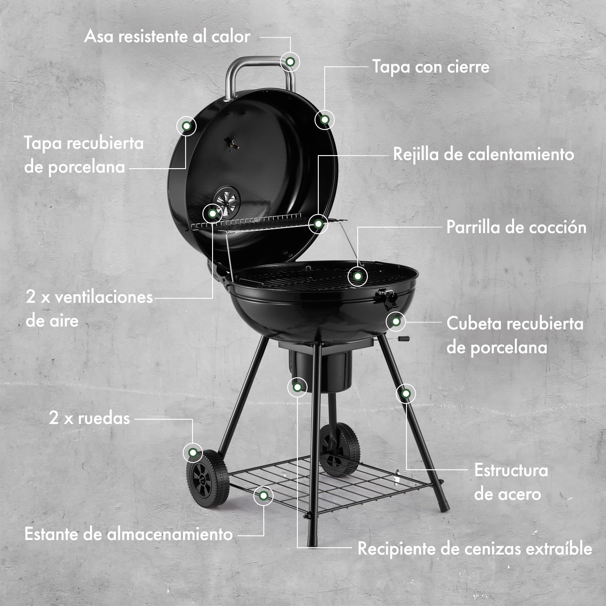 VonHaus Barbacoa de Carbón 22.5" – Barbacoa Portátil con Parrilla de Calentamiento, Termómetro, Estante, Ruedas, Tapa con Cierre, Recipiente de Cenizas y Parrilla Grande para Carne y Verduras