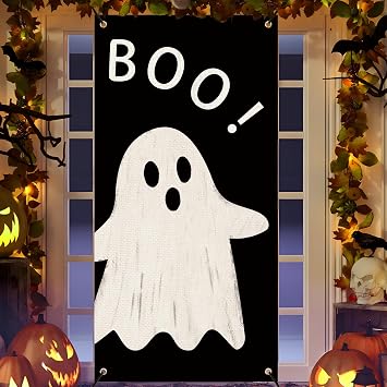 Halloween Ghost Door Cover Boo Cute Ghost Door Banner Spooky Halloween Party Doors Decoration Scary Ghosts Backdrop Sign for Front Door Porch Halloweens Party Indoor Outdoor Decor, 70.9 x 35.4 Inch