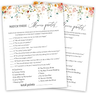 Bridal Shower Games, Match These Movie Quotes, Spring Floral Bridal Shower Party Game For Wedding Engagement Bachelorette, Fall Bridal Shower Decor Favors Supplies, 25 Game Cards With Answer Card -12