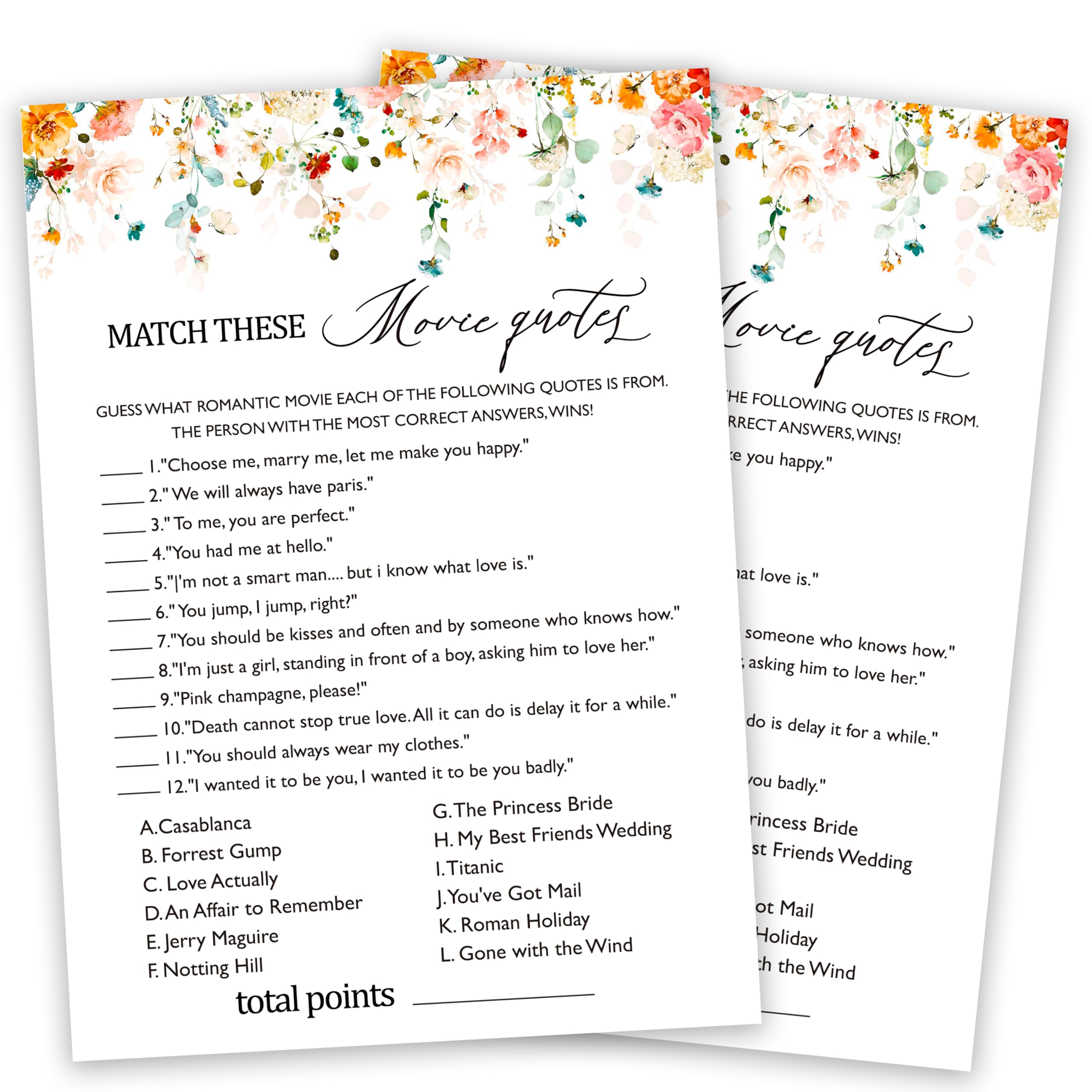Bridal Shower Games, Match These Movie Quotes, Spring Floral Bridal Shower Party Game For Wedding Engagement Bachelorette, Fall Bridal Shower Decor