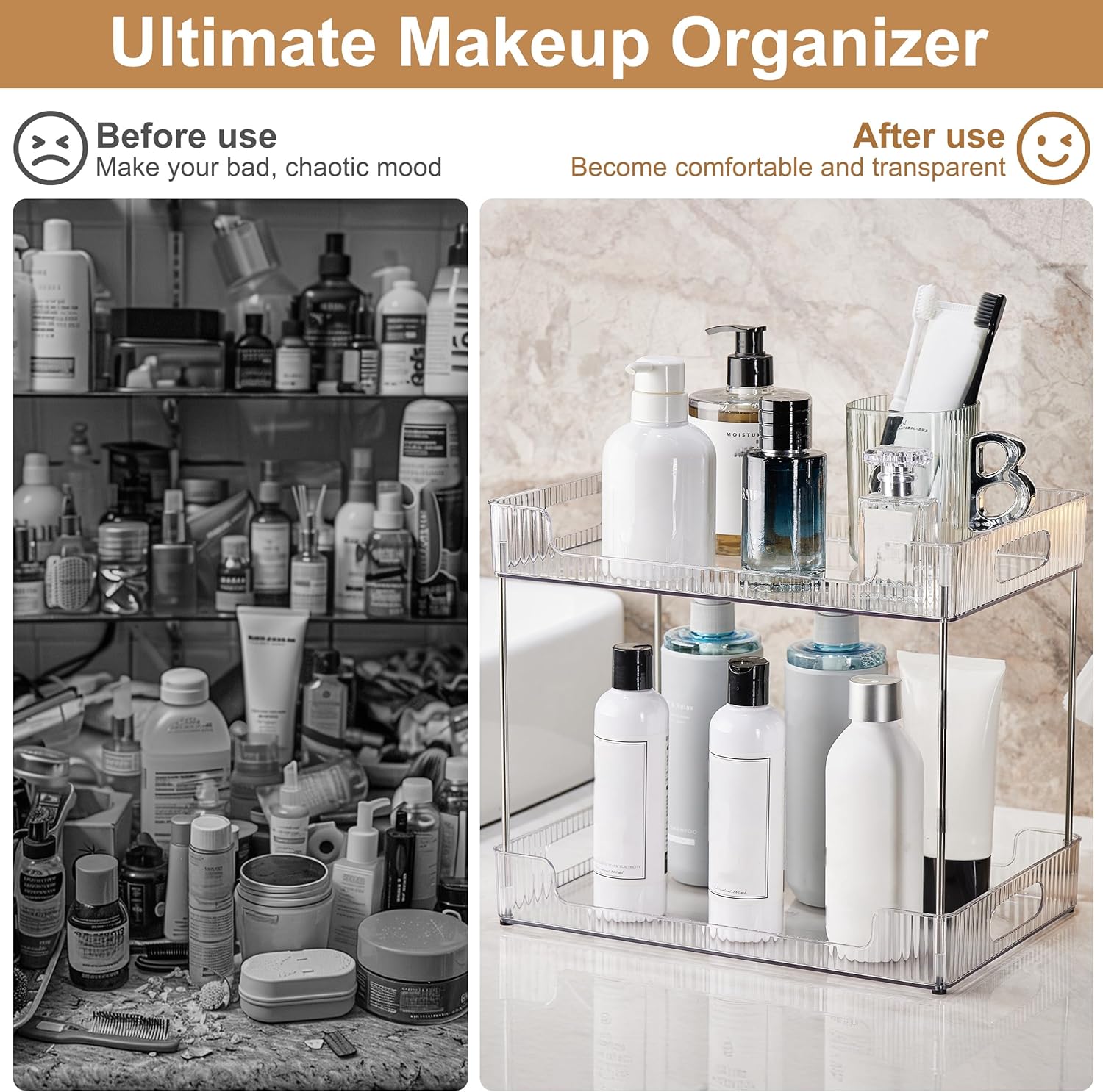 3 Tier Bathroom Counter Organizer, Multi-Purpose Cosmetics Skincare Shelf, Fits A4 Size Makeup Organizer for Office and Vanity Tray, Countertop Storage Solution for Kitchen,Bath.(Clear) - Image 4