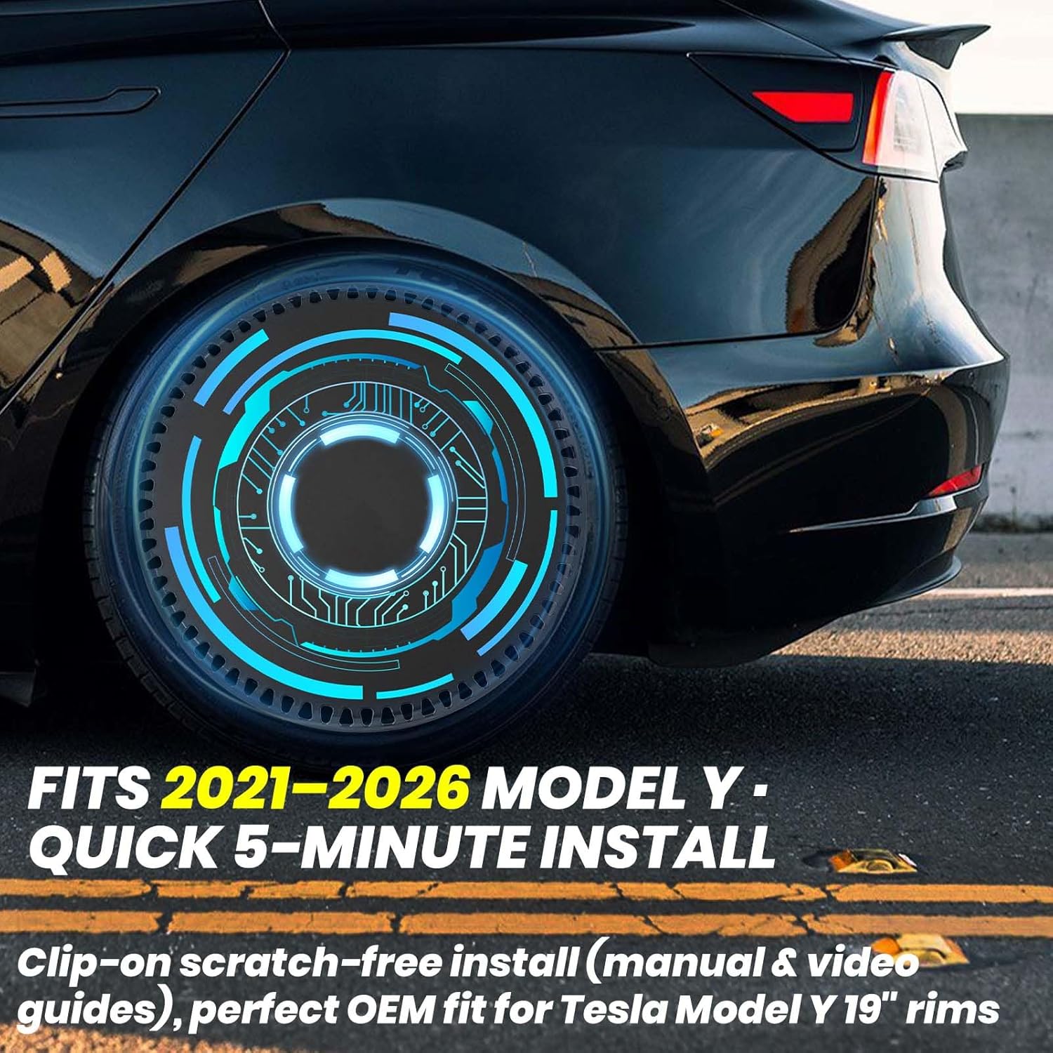 4PCS Wheel Cover 19 Inch for Tesla Model Y 2021 2022 2023 2024 2025 2026 Hubcaps Rim Protector Replacement ABS Material Aerodynamics Tesla Model Y Accessories (Tech Core)