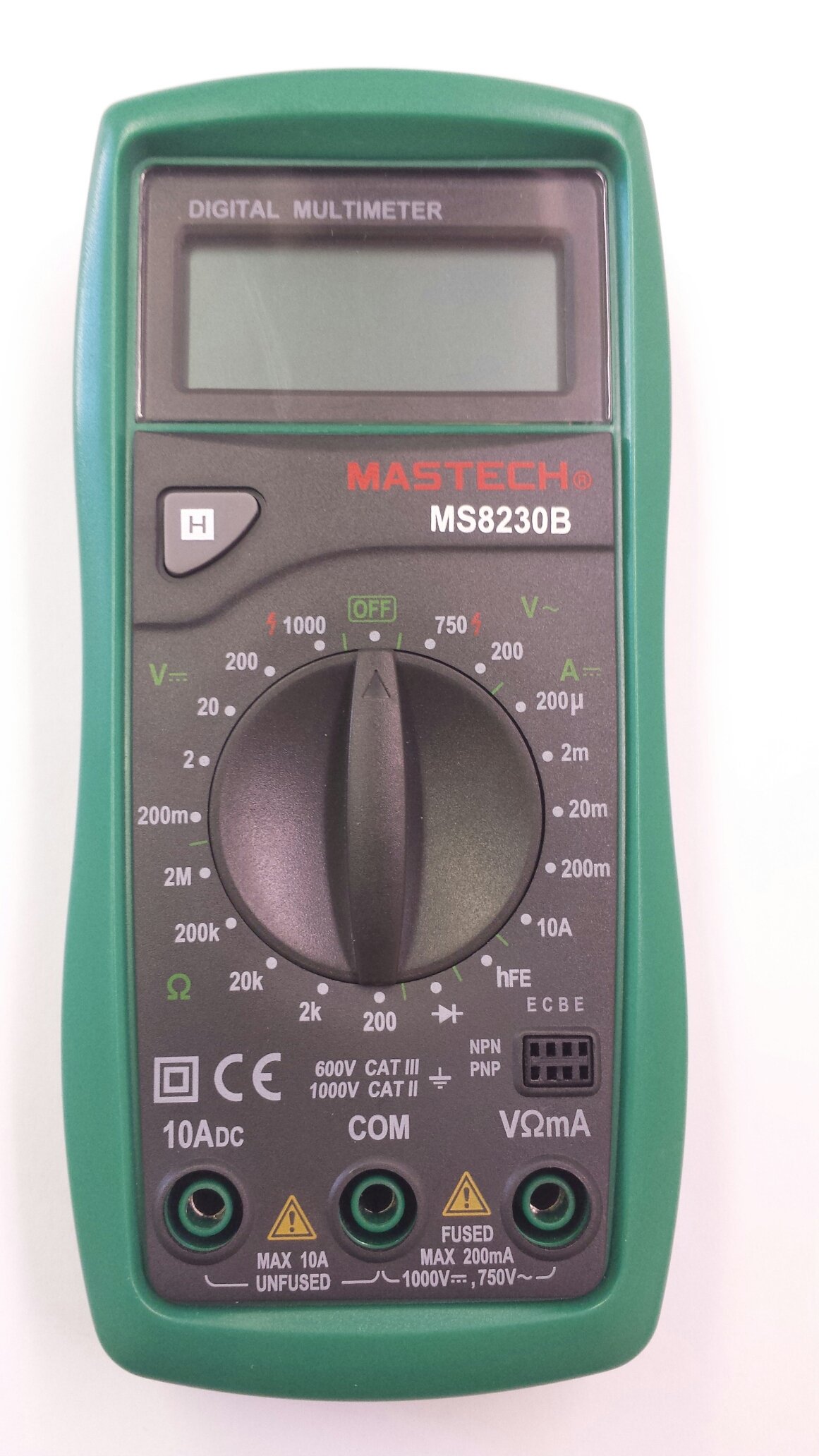 Mastech MS8230B Digital Multimeter, test leads, 9V batteries, and instruction manual