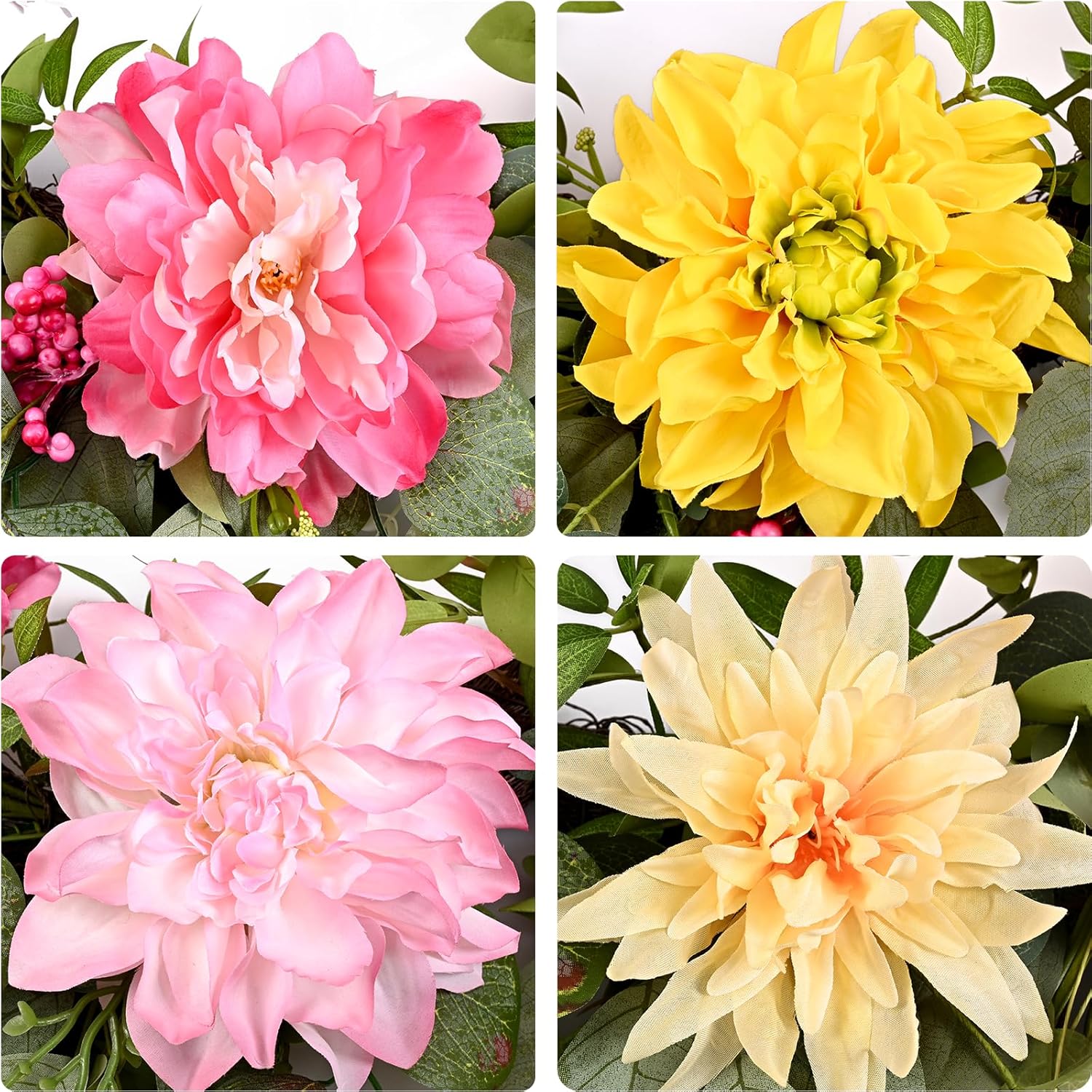 Waipfaru Spring Wreaths for Front Door Outside, 24in Summer Wreaths Easter Wreath, Large Front Door Wreath with Peony Dahlia Rose Flower Green Eucalyptus Leaves Farmhouse Outdoor Porch Home Decor