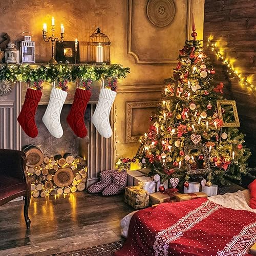 Vista 82 de Fesciory Paquete de 4 medias de Navidad de 18 pulgadas, tamaño grande, calcetines de punto trenzado, regalos y decoraciones para vacaciones Blanco