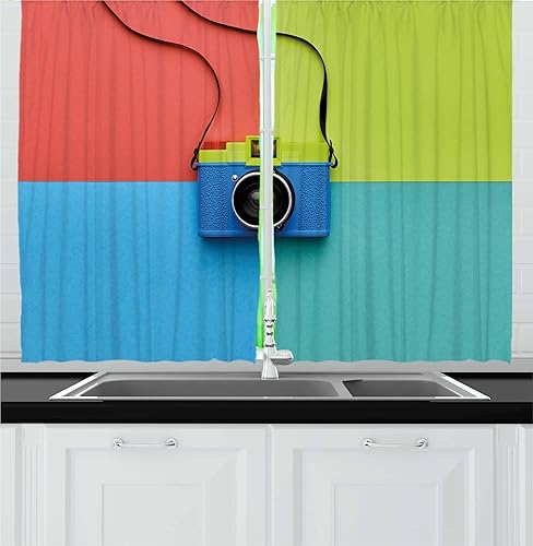 Miniatura 1 de Ambesonne Pastel Kitchen Curtains, Retro Style Fashion Film Camera on Colorful Backdrop Hipster Pop Urban Accessories, Window Drapes 2 Panel Set for