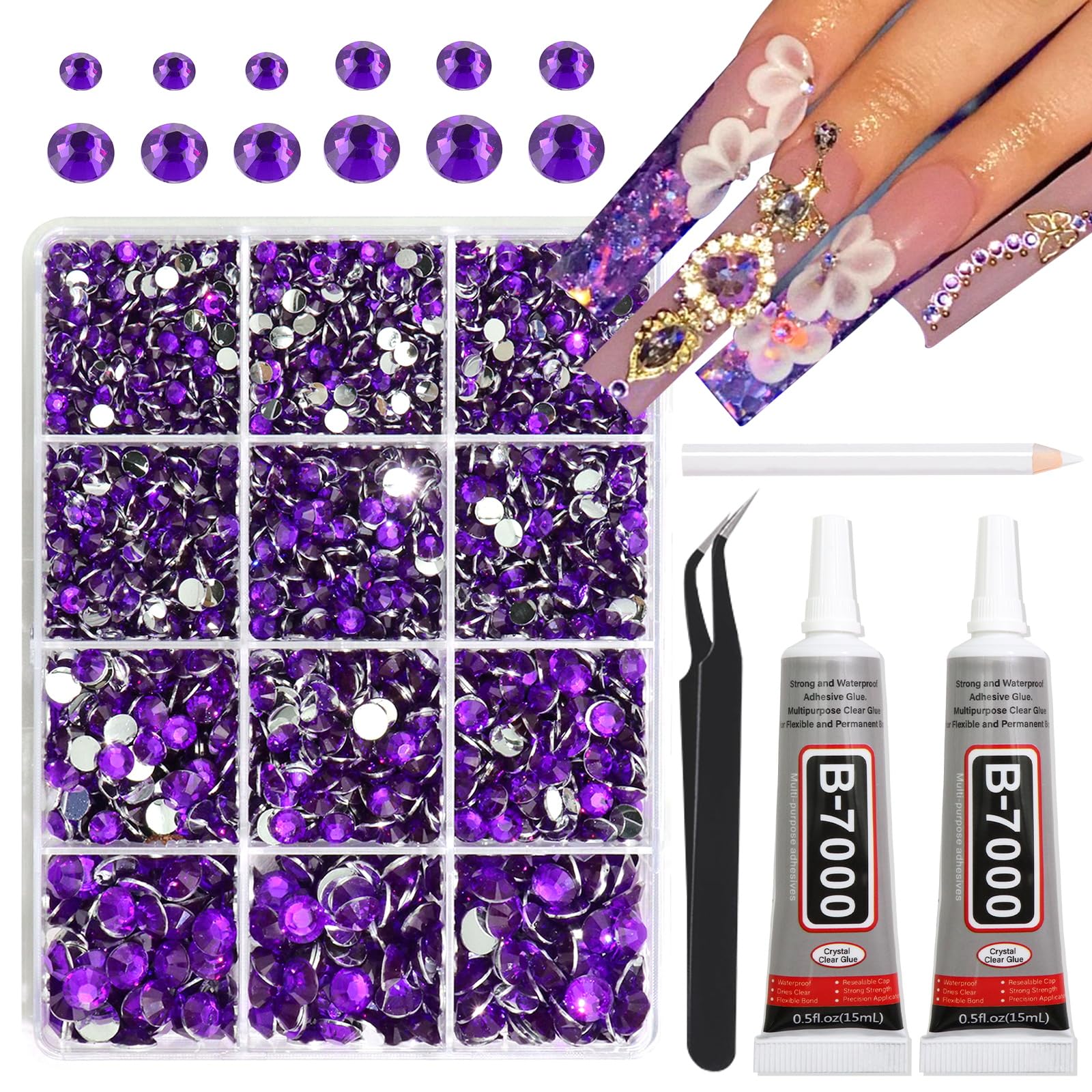 BELICEY Resin Rhinestones Kits 3-6mm Dark Purple Rhinestones with B7000 Jewelry Glue Bedazzling Purple Crystals for DIY Crafts Non-Hotfix Flatback Round Nail Gems Stones with Tweezer & Picker Pen