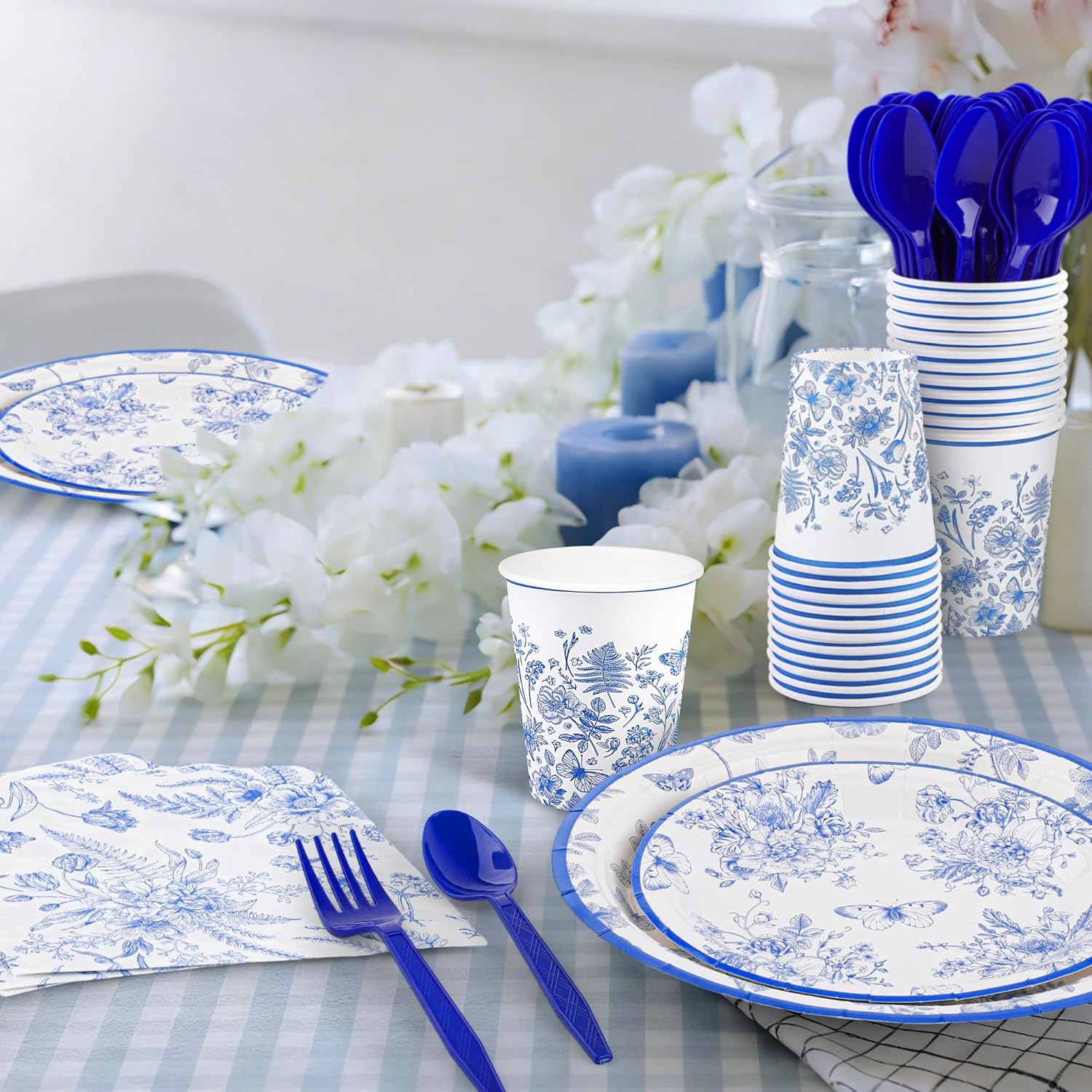 Kochorie 350 PCS Blue Floral Party Supplies Set for 50 Guests Includes White & Blue Floral Plates Cups Napkins Utensils for Spring Dinner, Garden Party, Birthday, Disposable Tableware - Image 5