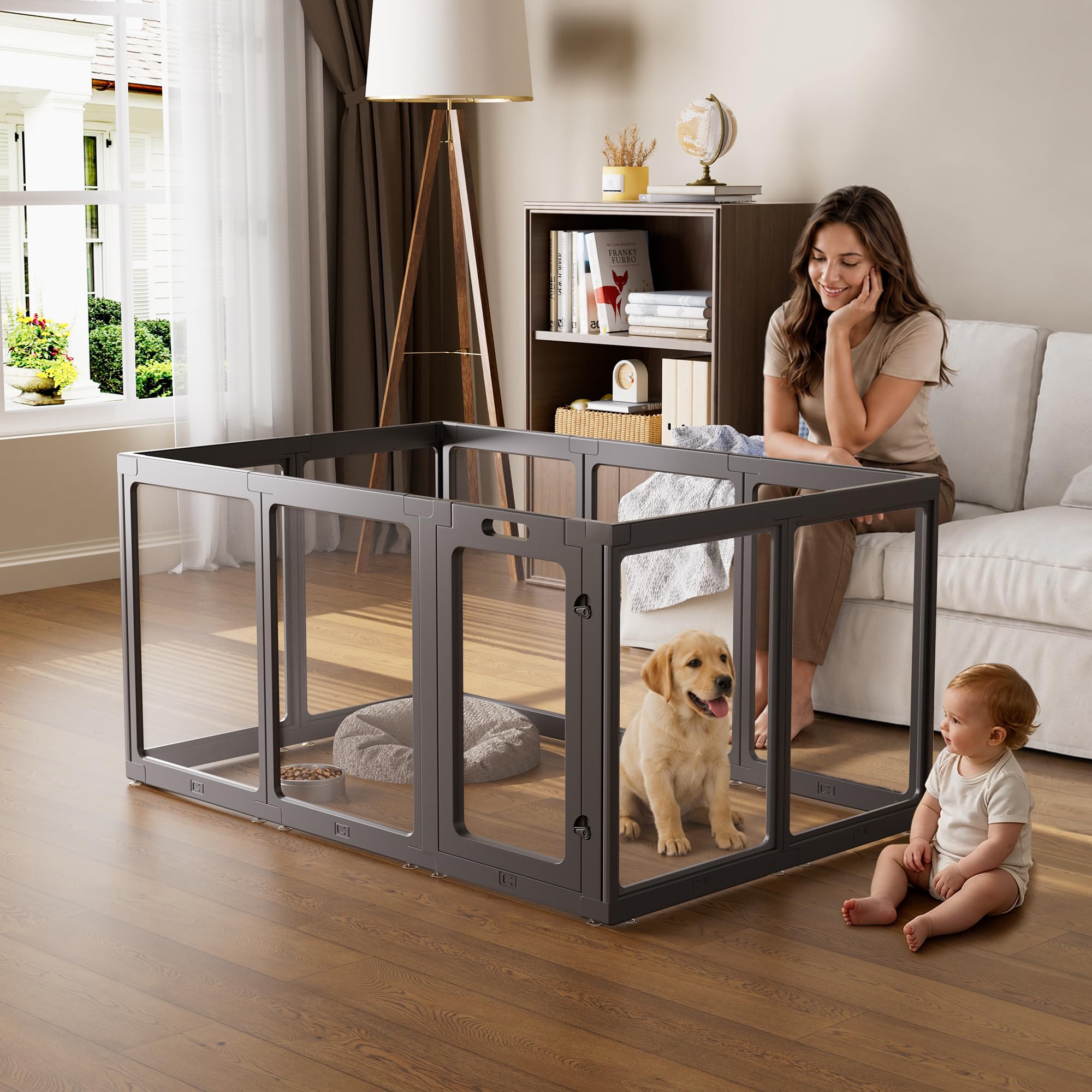 Clear Acrylic Dog Playpen Indoor Pet Pen, 35" H, Black, 10 Panels