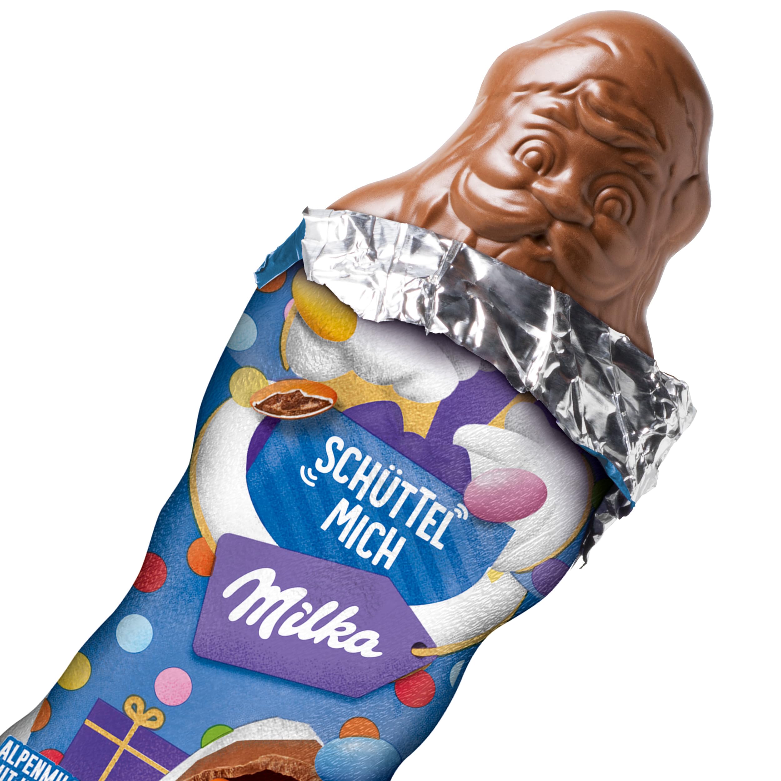 Milka Schüttel Mich Weihnachtsmann – 24 x 61 g – Zarte Alpenmilch-Schokolade gefüllt mit bunten Kakaolinsen