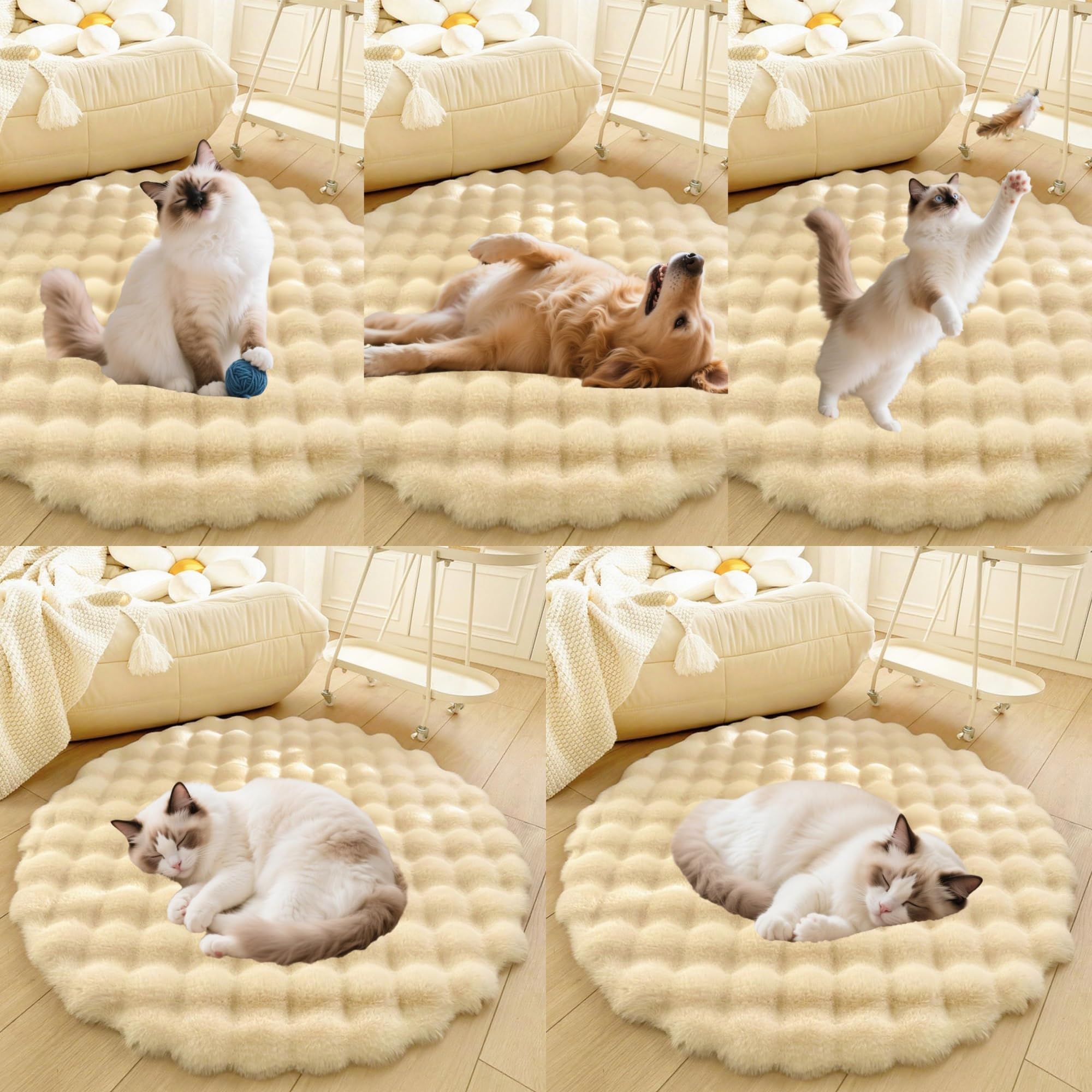 Divano per Cani E Gatti Con Fondo Antiscivolo, Tappeto Rotondo Lavabile, Moderno Letto A Pelo Lungo Da Posizionare Accanto Al Pavimento, Tappetino per Soggiorno(Beige,47in)