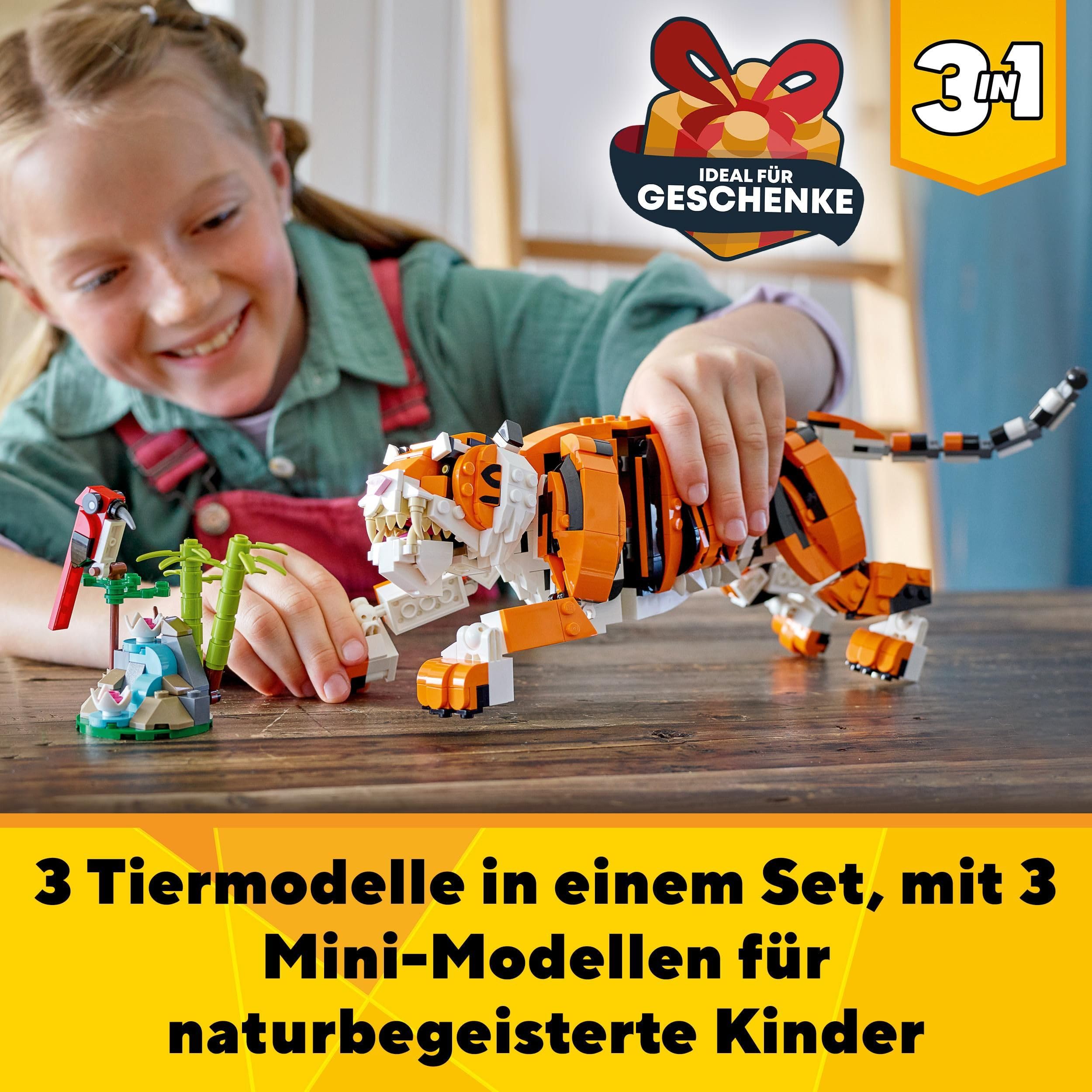 LEGO 31129 Creator Majestätischer Tiger, Panda oder Fisch, 3-in-1 Tierfiguren-Set, Spielzeug für Kinder, Jungen und Mädchen, Konstruktionsspielzeug mit Tieren