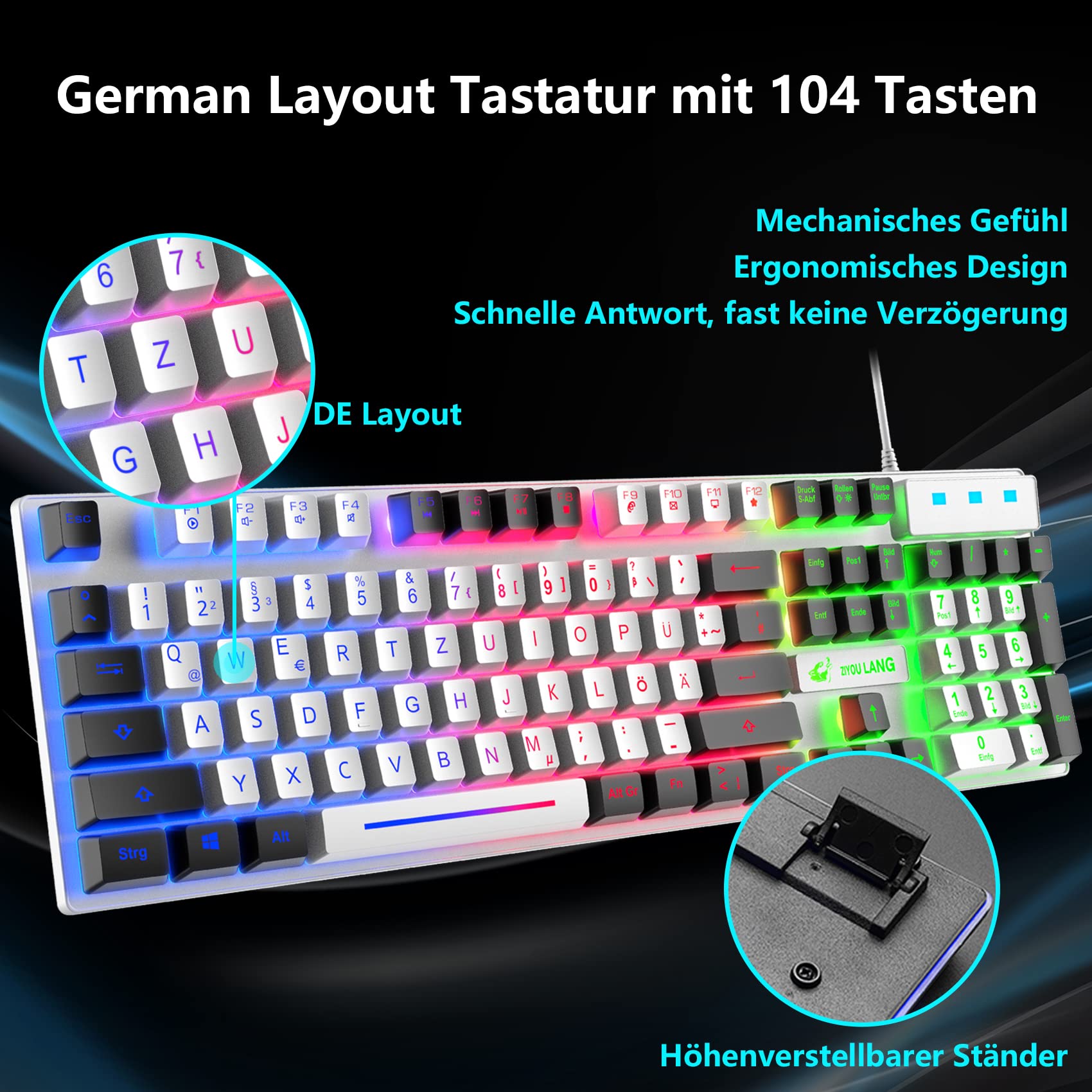 Gaming Farbblock Tastatur Und Maus Set, QWERTZ German Layout Regenbogen LED Hintergrundbeleuchtung Ergonomische Keyboard 6 Tasten 2400 DPI Maus und Mauspad, USB Verkabelt, Weiße+Schwarz Tastenkappen