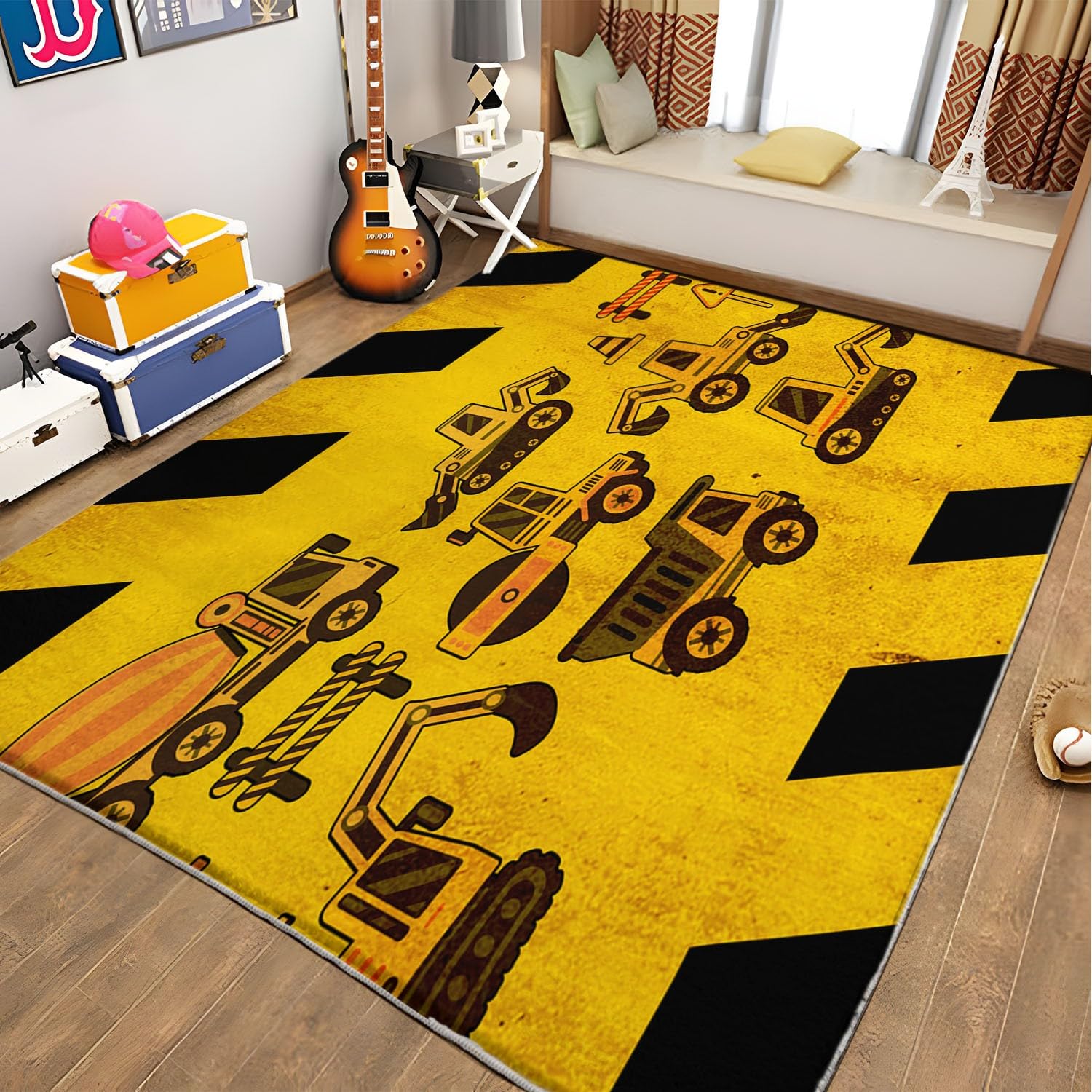 Tappeto Salotto 80 x 150cm Veicolo da costruzione dei cartoni animati Tappeti Camera da Letto, Rug Cucina Antiscivolo Lavabile per Tavolino da Salotto, Bagno, Tappeto Bambini Cameretta