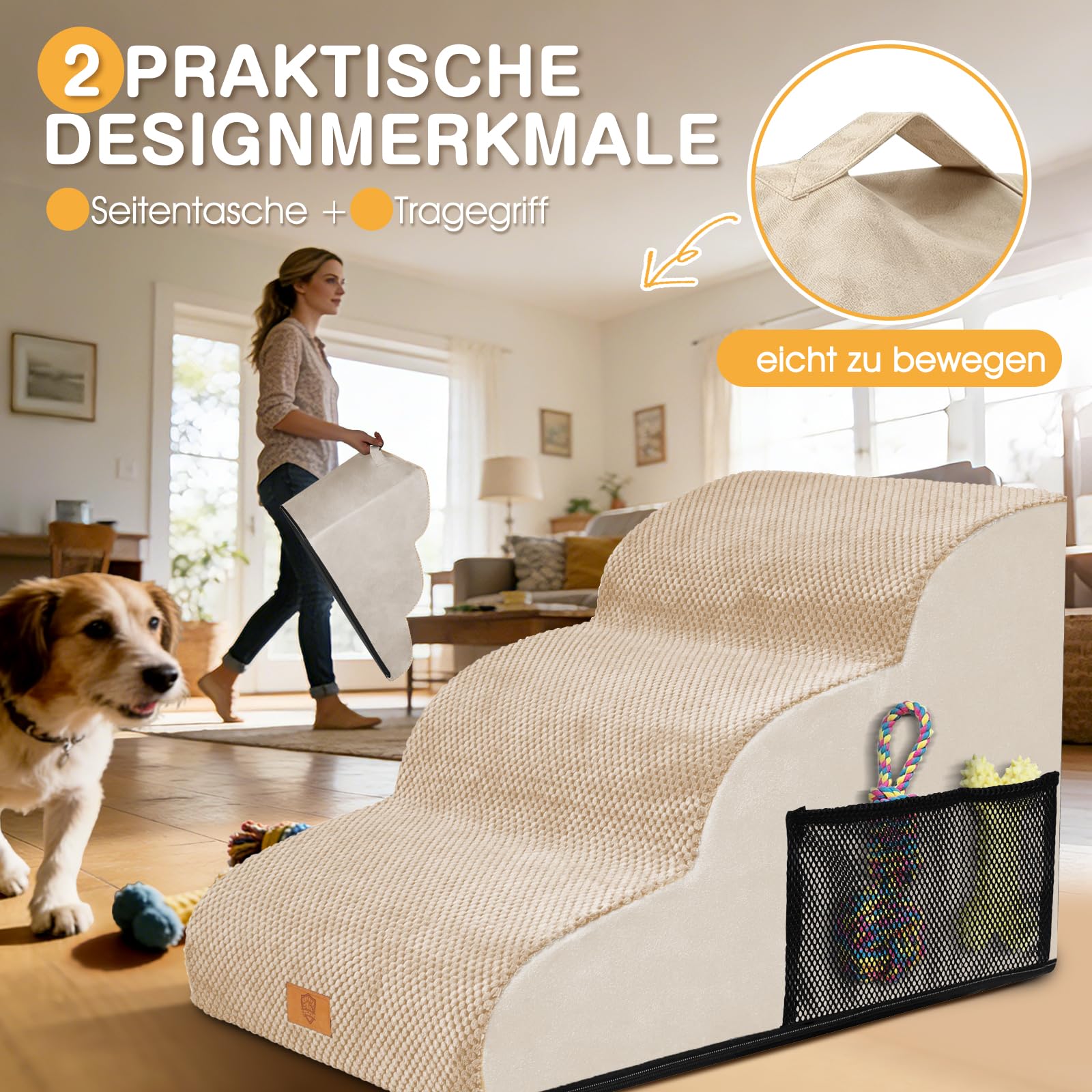 Escalera para perros pequeños, 3 niveles, lavable de esponja densa, impermeable y antideslizante, 60x40x40 cm