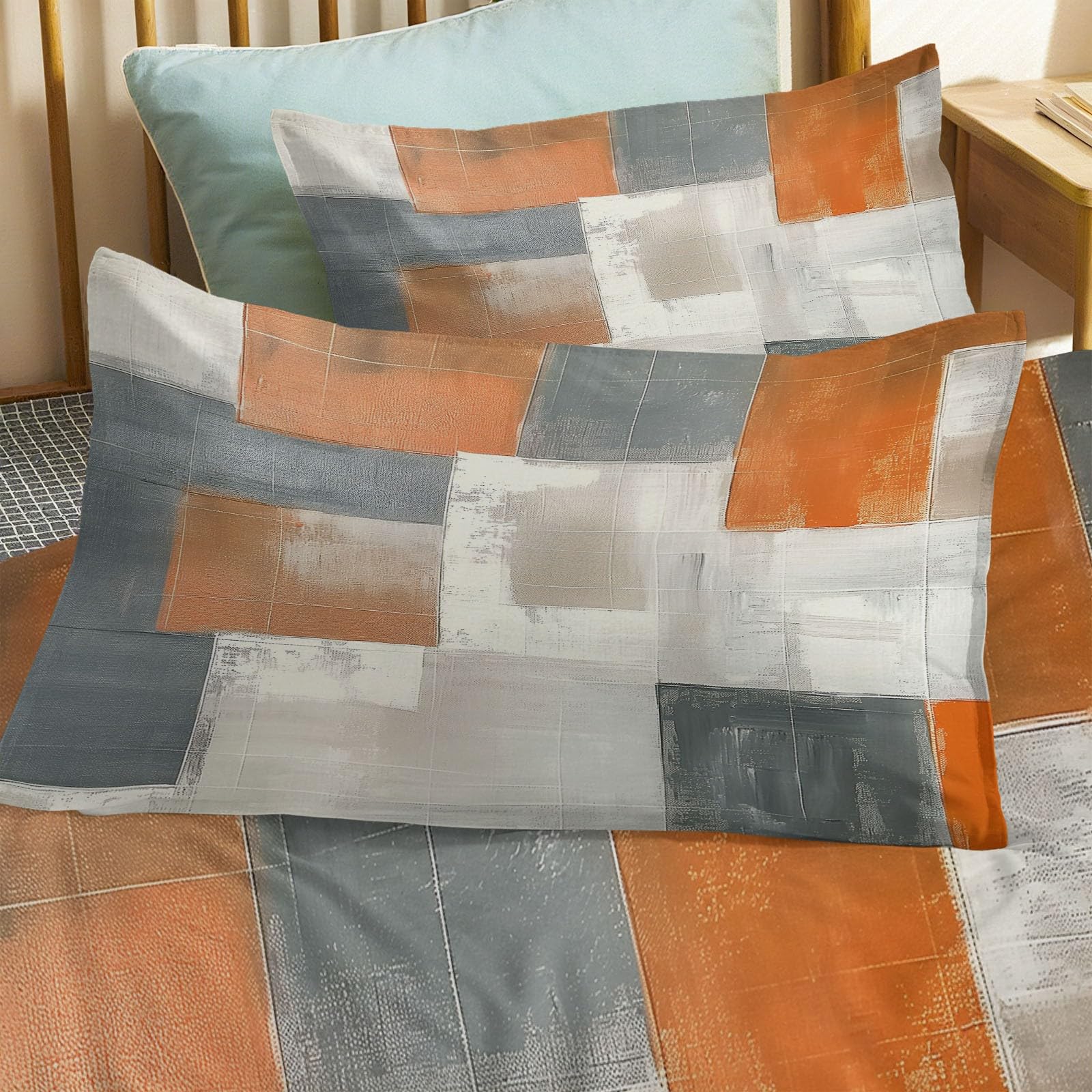 Parures de lit 280 x 240 cm Blocs de Couleurs Gris Orange et Beige Ensemble De Literie avec Fermeture Éclair Art Moderne Réversible Housse de Couette Parure de lit Doux Imprimé avec 2 Taie d'oreiller