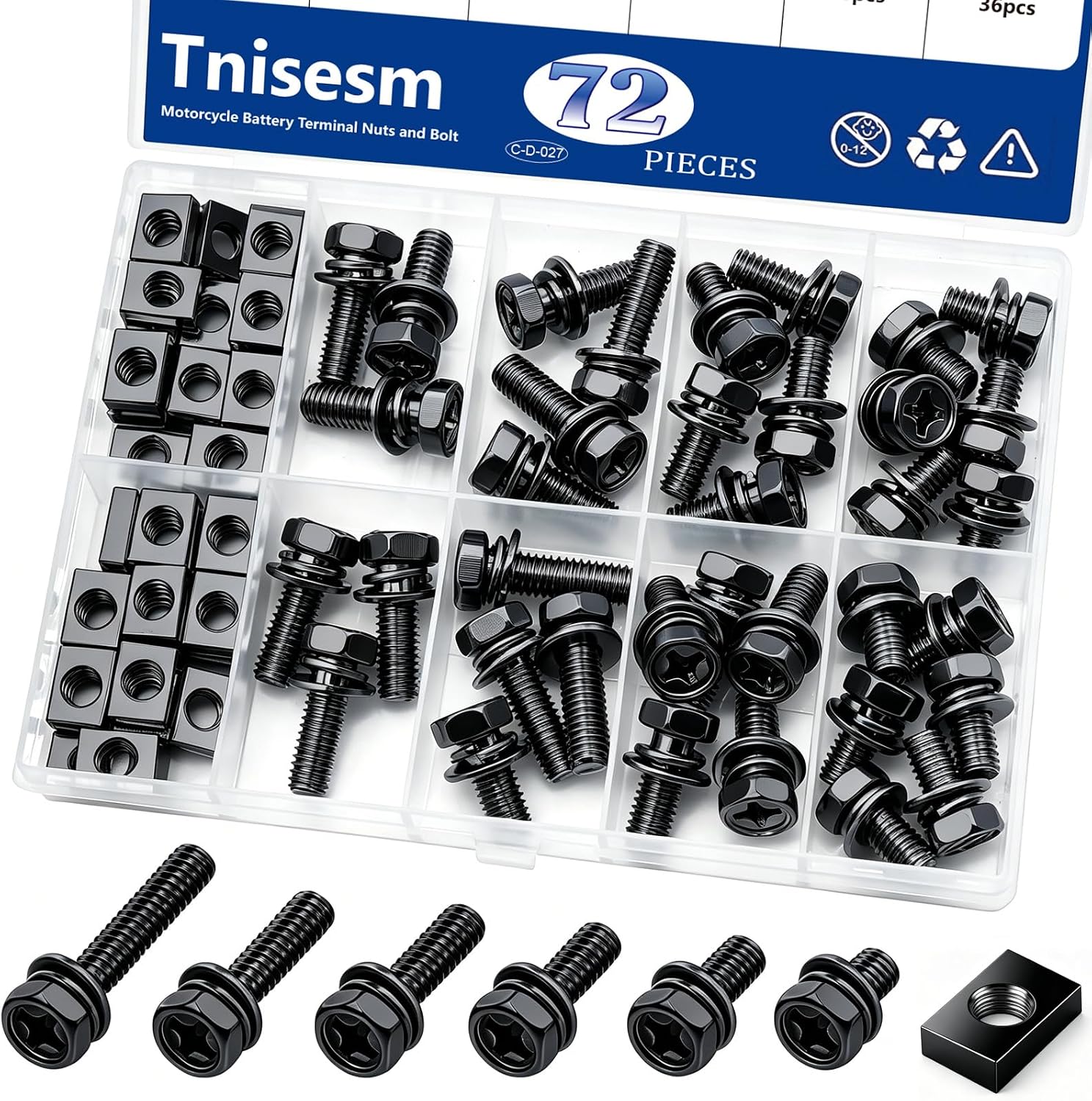 Tnisesm 72PCS Battery Terminal Motorcycle Bolts and Nuts Kit M6x10/12/16/18/20mm 304 Stainless Steel Battery Bolt with Square Nut for ATV Bike, Motorcycle, Scooter