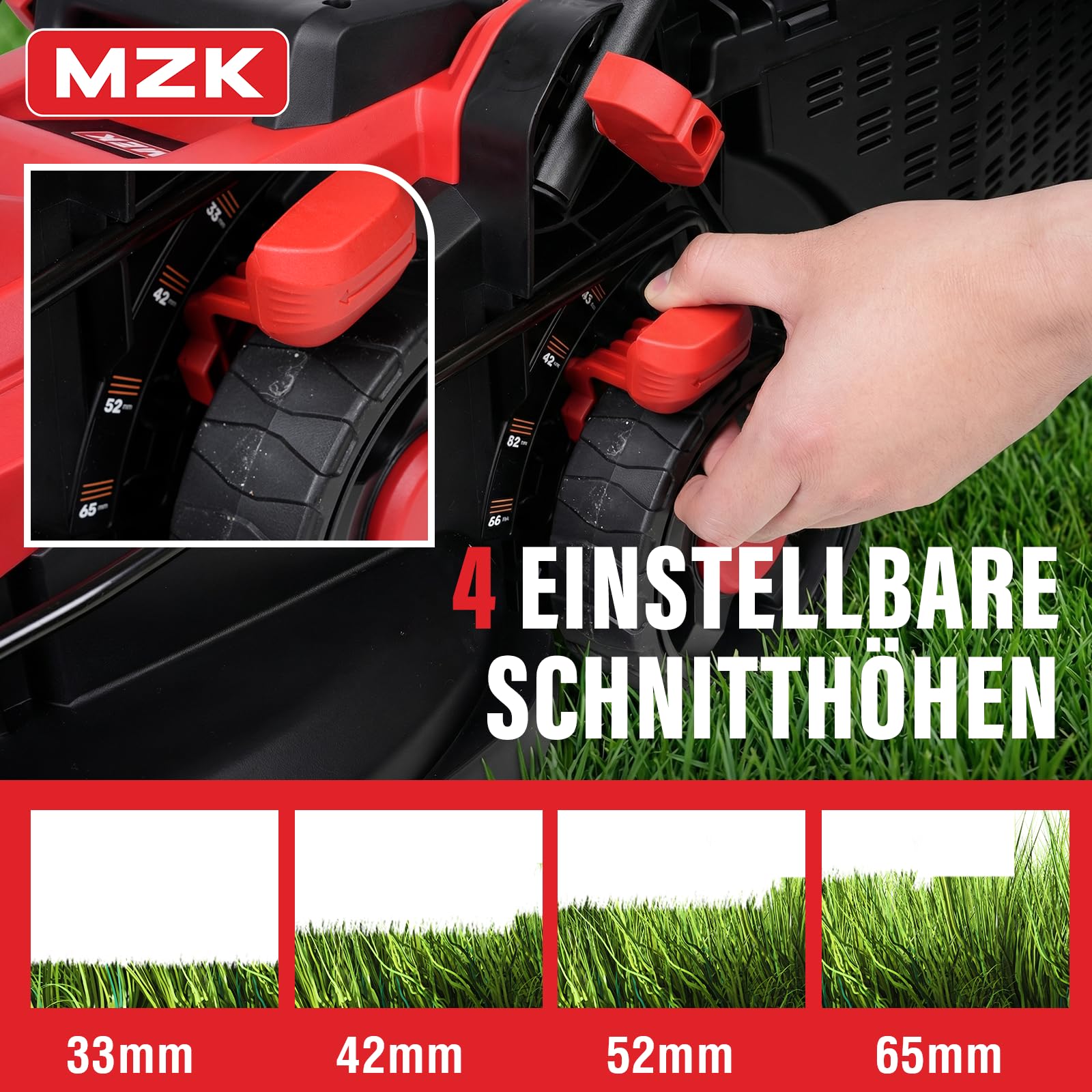 MZK 20V Akku-Rasenmäher, 34 cm Schnittbreite, Bürstenloser Akku-Rasenmäher mit 4-facher Schnitthöhenverstellung, Schiebemäher mit 31L Fangkorb, inkl. 2 x 4,0 Ah Akkus & Ladegerät, LM13B8, Rot