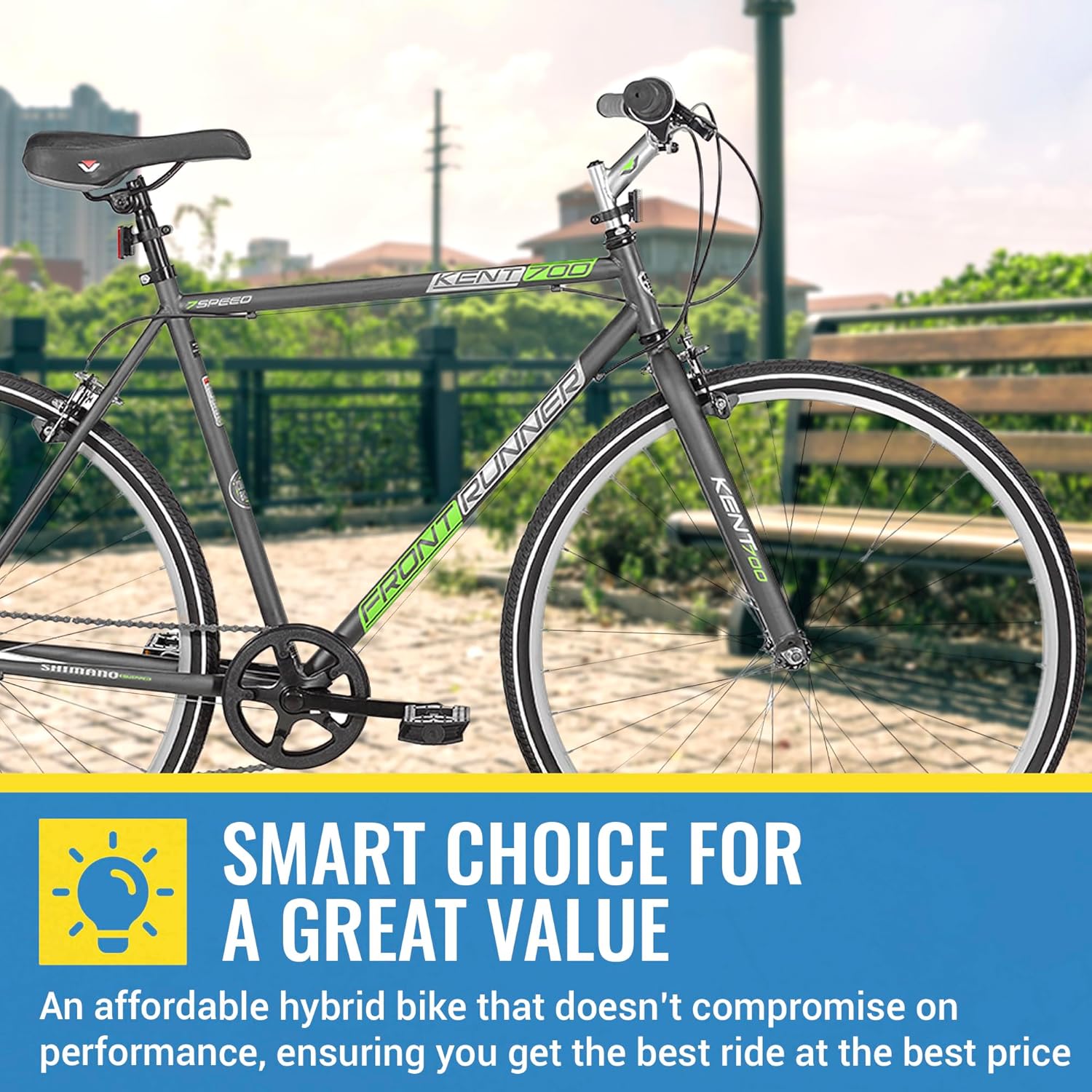 Kent International Front Runner Hybrid Bike - 700c - City Bike with 7 Speed Drivetrain, Lightweight Alloy Wheels, and Height Adjustable Seat Post and Stem - Great for Women and Men Ages 14+
